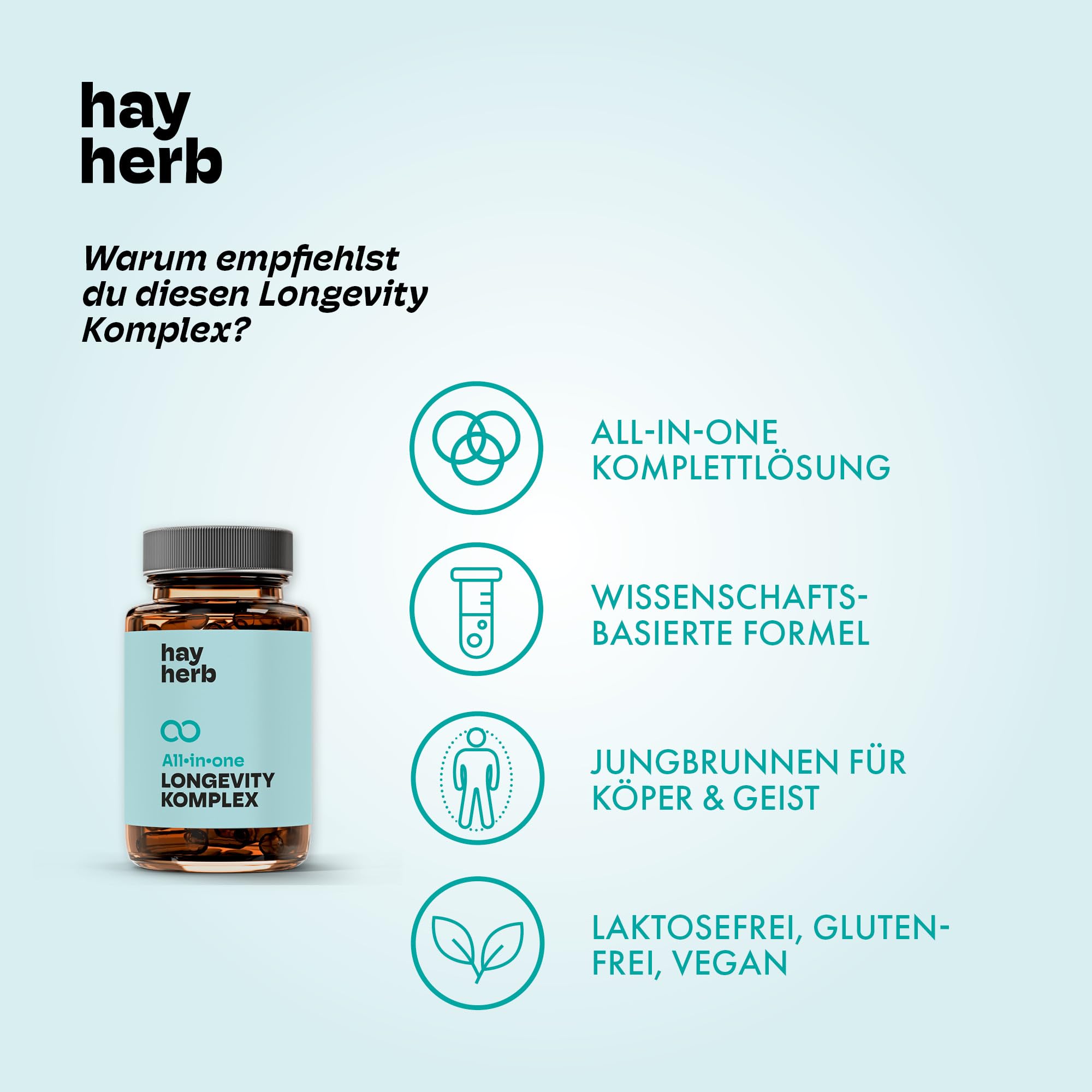 Longevity Komplex Kapseln 60 Stk. | All-In-One Komplettformel | Jungbrunnen für Körper & Geist | Mit PQQ und Grüntee - Age-Less-Effekt | 100% vegan | Hay Herb