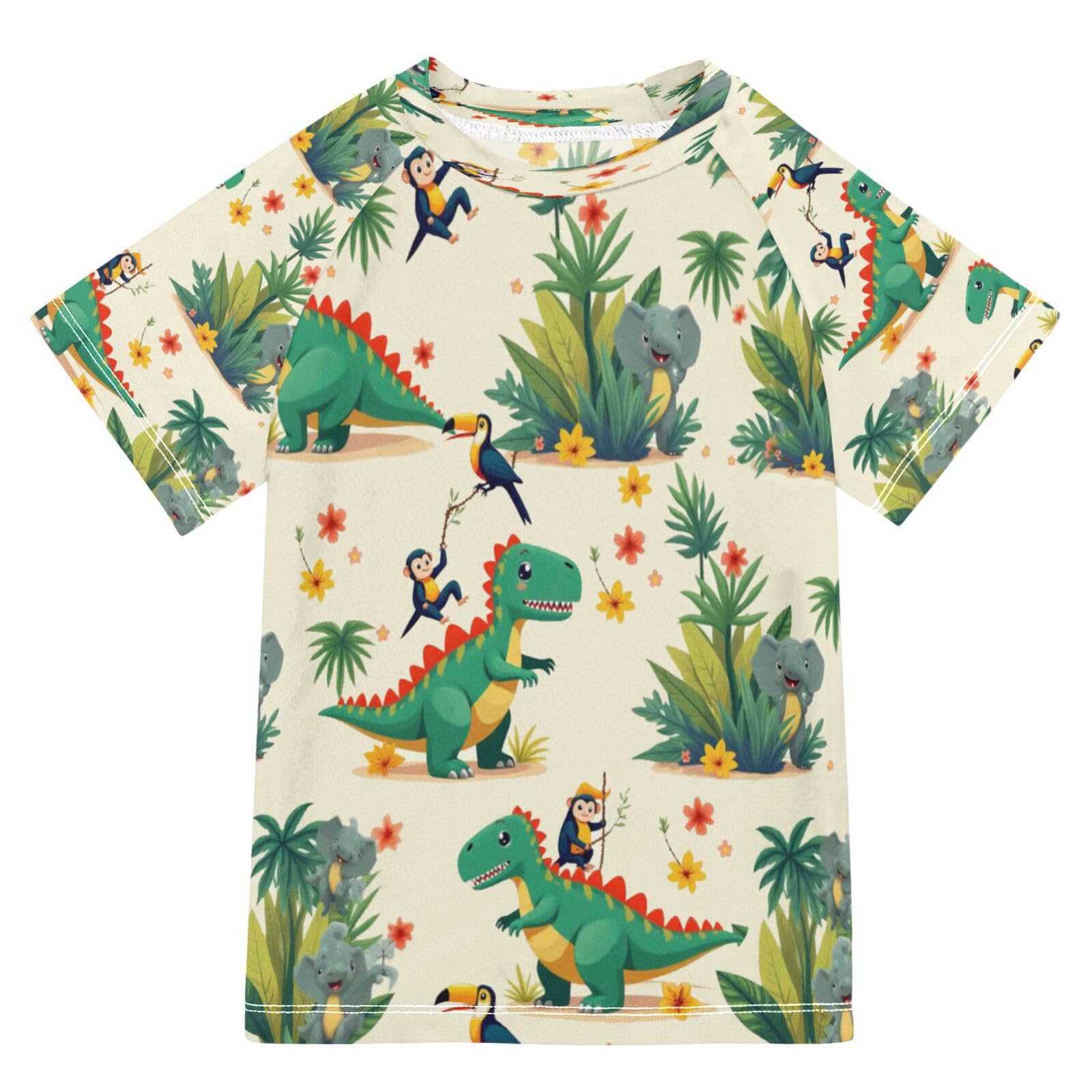 Boys Sun Shirts UV Protection Short Sleeve Rash Guard Swim Shirt Cartoon Dinosaurs Water Shirt Rashguard 7-8T,73