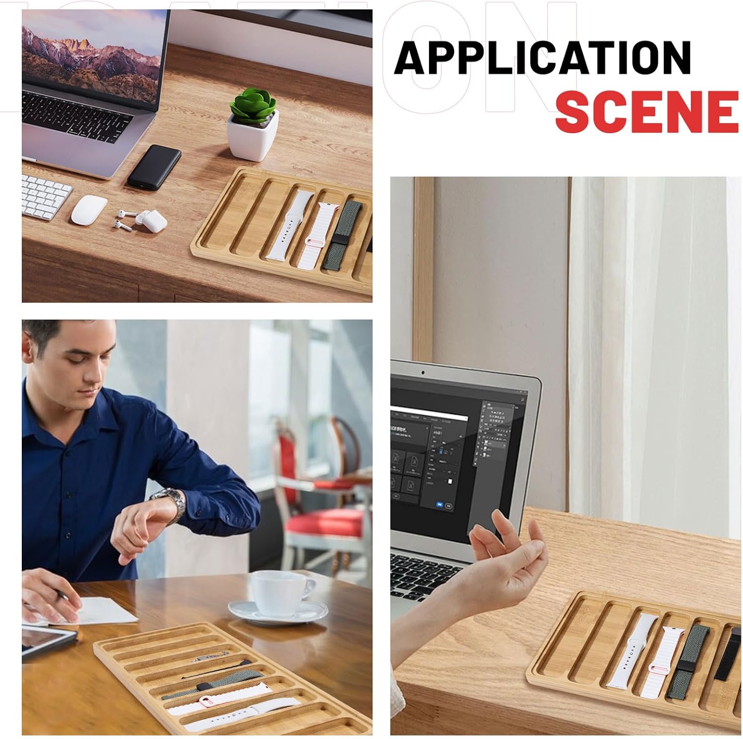 GLOBLELAND 9 Slots Wooden Watch Band Display Case Watch Band Organizer for Watch Bands Display Watch Storage Case Tray with Acrylic Top Lid 16.5x7.4x0.6inch