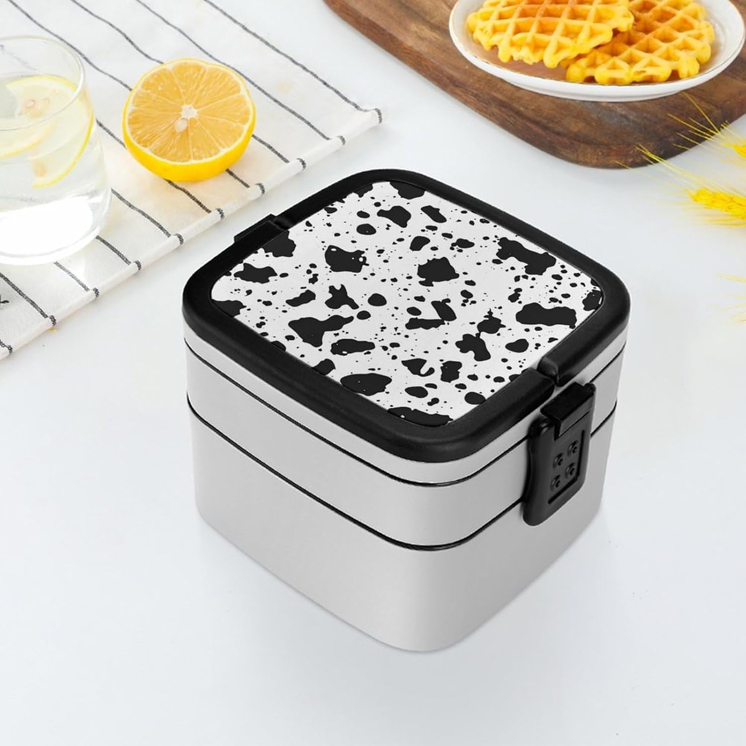Dalmatian Animal Print Bento Box with Spoon 2 Layer Food Container Cute Lunch Box for Travel Dining Work
