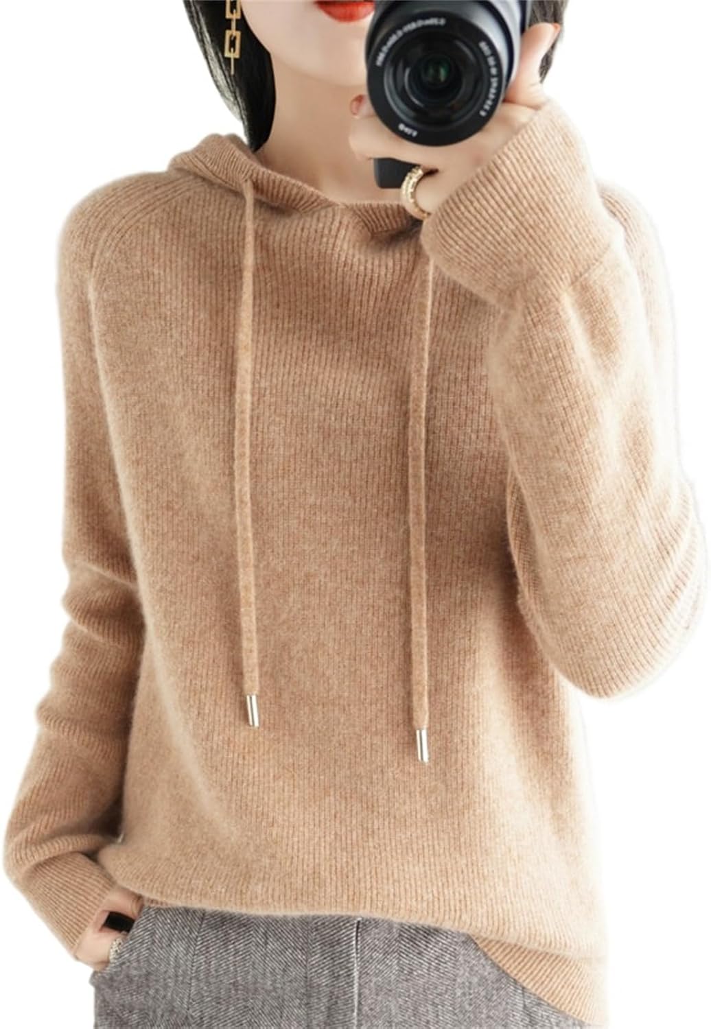 Womens Cashmere with Pullovers,Winter Casual Knitting Hoodie Fashion Sweater,Fall Drawstring Thick Sweater