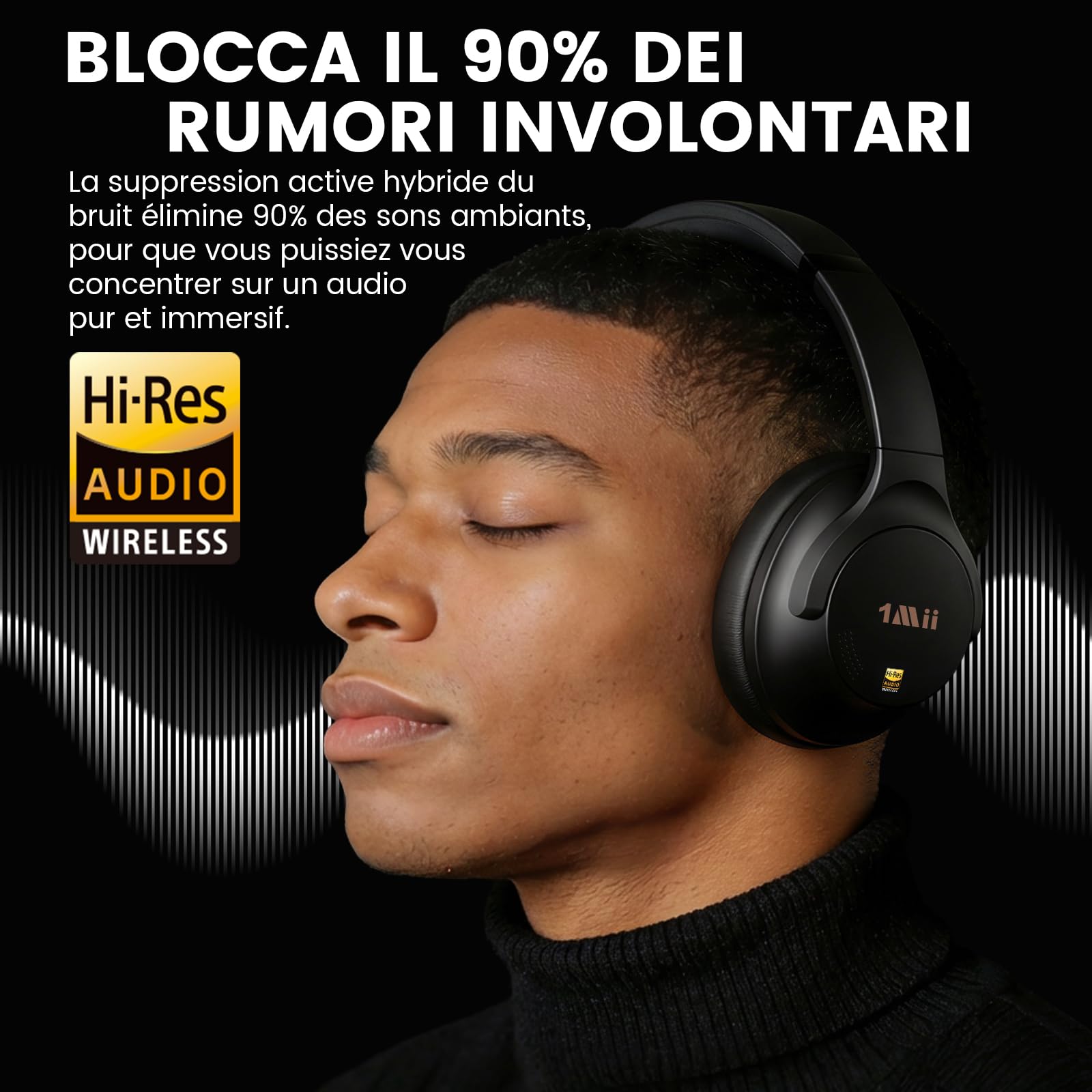 1Mii Y8 Cuffie Bluetooth 6.0 Wireless con ANC Ibrida, LDAC Hi-Res | Cuffie Over Ear con Riduzione Attiva del Rumore, 100 Ore di Autonomia, Bassi Profondi, EQ Personalizzato tramite App, Comode