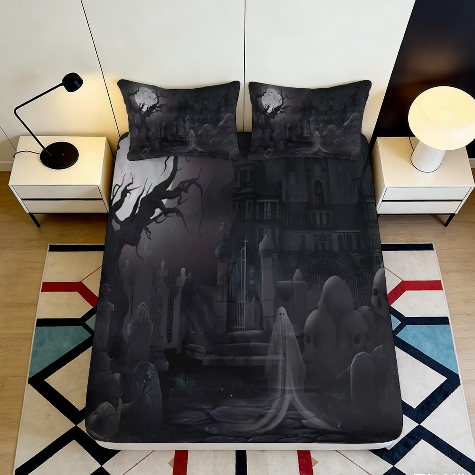 3D Printed Haunted Mansion Fitted Sheet Microfiber Soft Touch Gothic Graveyard Mattress Cover Bedroom Decor 200x200x25cm