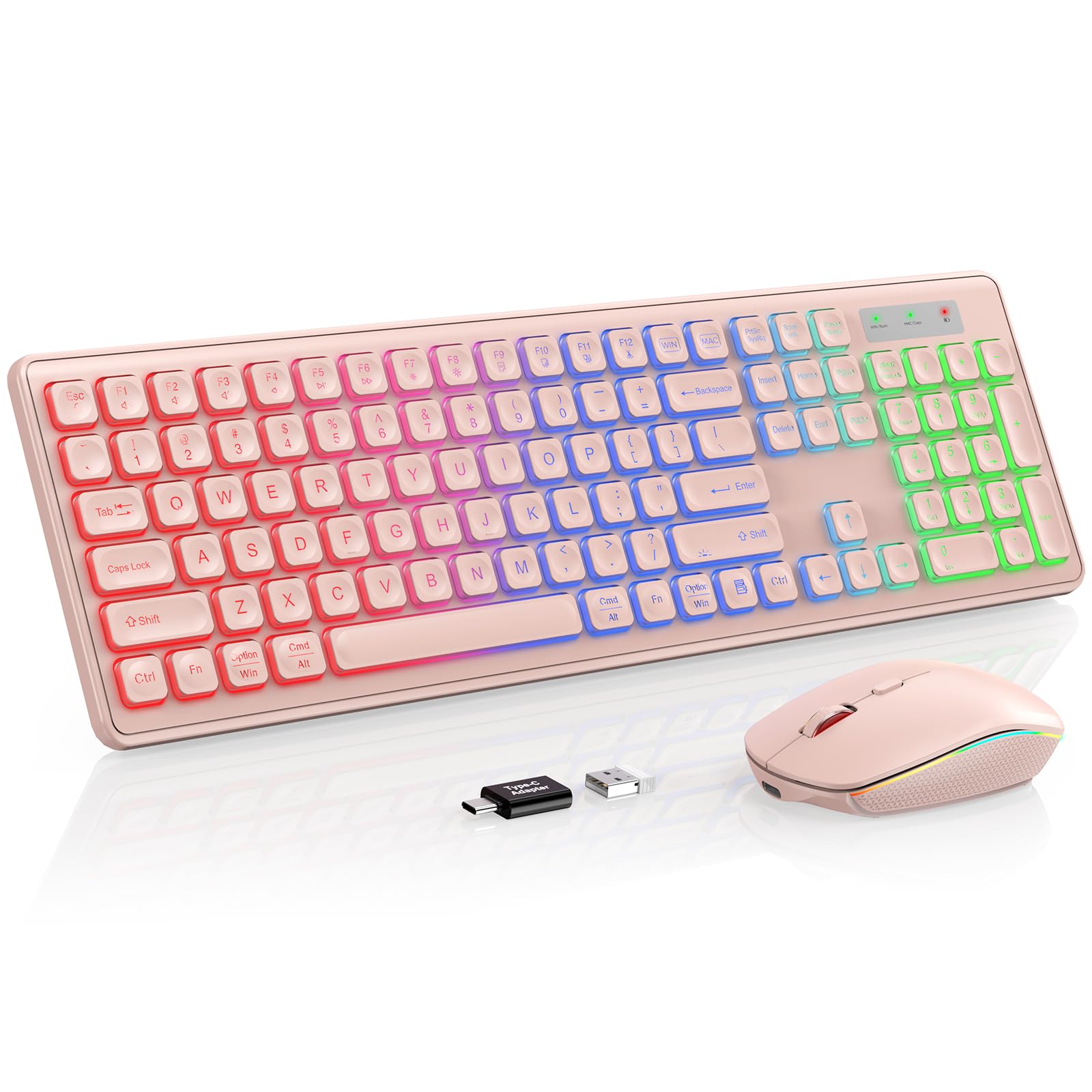Wireless Keyboard and Mouse Combo, RGB Backlit, Rechargeable &amp; Light Up Letters, Full-Size, Soft Typing, Sleep Mode, 2.4GHz Quiet Keyboard Set for Mac, Windows, Laptop, PC, Trueque (Pink)