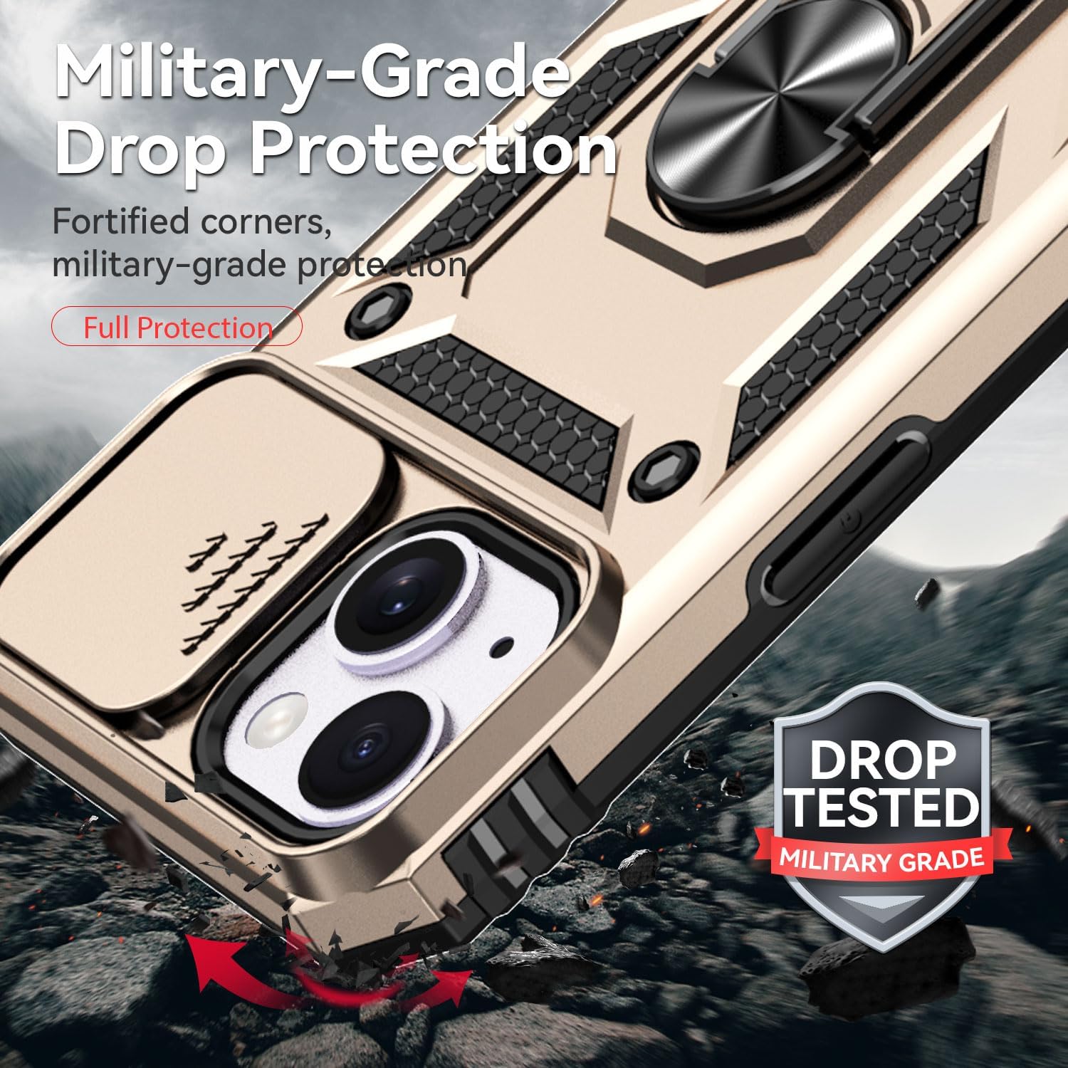 SunStory Compatible with iPhone 14 Plus Case with HD Screen Protector & Slide Camera Cover & Rotated Ring Kickstand, [Military-Grade] Phone Case for iPhone 14 Plus (Gold) - Image 6