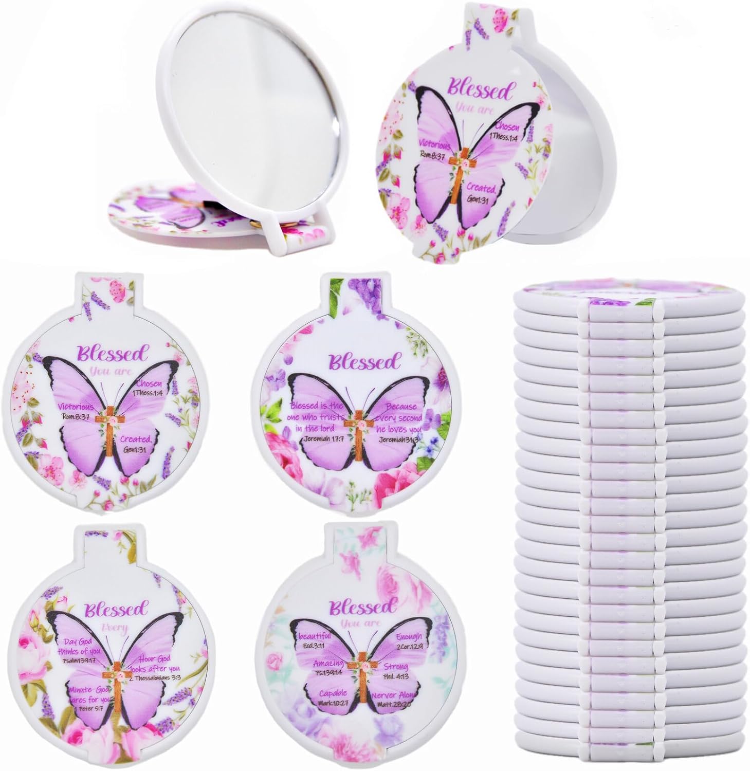 Eva's Moment 40 Pcs Christian Butterfly Compact Mirrors Bulk Bible Verse Mini Mirror Gifts Inspirational Portable Small Makeup Mirror for Women Church Scripture Party Gift 4 Styles