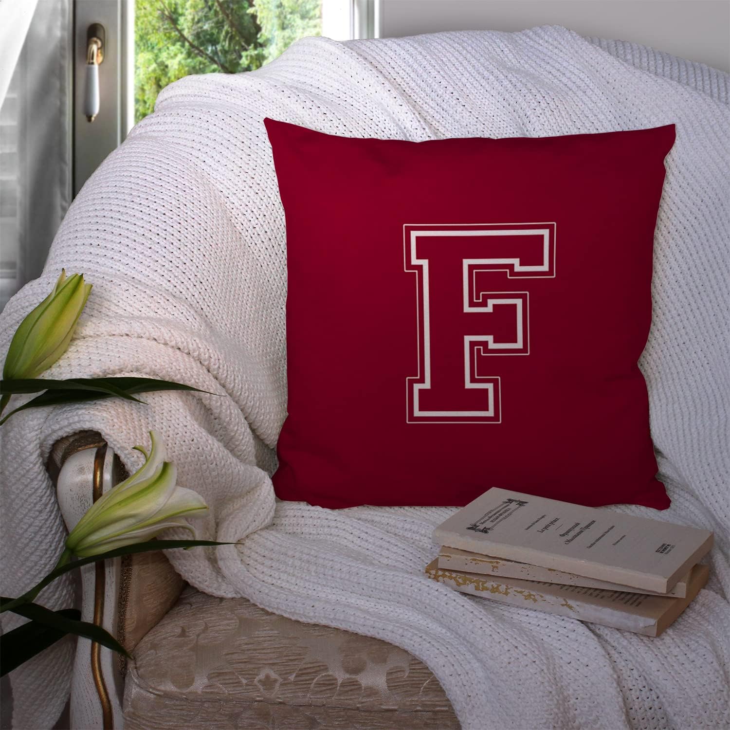 Caroline's Treasures CJ1032-FPW1414 Letter F Initial Monogram - Maroon and White Fabric Decorative Pillow 100% Machine Washable Pillow, Indoor or Outdoor Decorative Throw Pillow for Couch, Bed or Pati