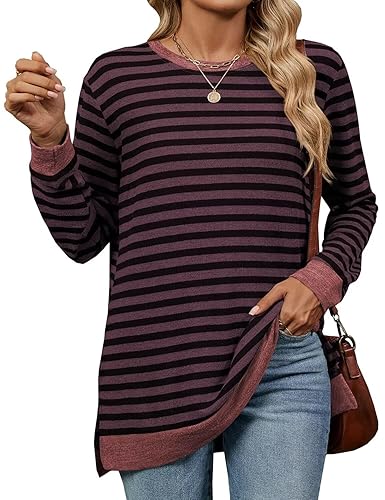 WELINCO Womens Crewneck Striped Pullovers Color Block Long Sleeve Side
