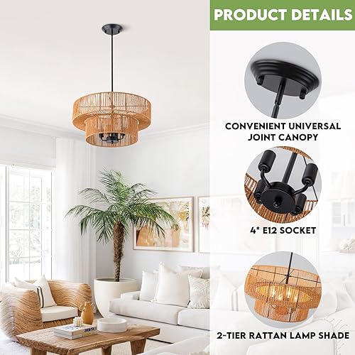 Miniatura 12 de Lámpara de ratán estilo bohemio, lámpara de techo de ratán empotrada, lámpara de techo tejida pequeña de madera, candelabro de ratán