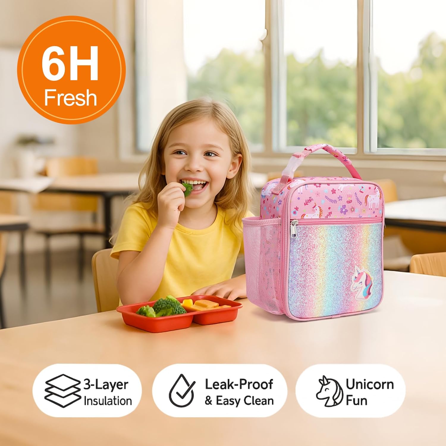 Bagseri Kids Lunch Box for Girls - Insulated Toddler Lunch Bag Fits Bento Box, Reusable Daycare Cooler Tote with Clip Handle, Water-Resistant Lining, Glitter Pink Unicorn - Image 2