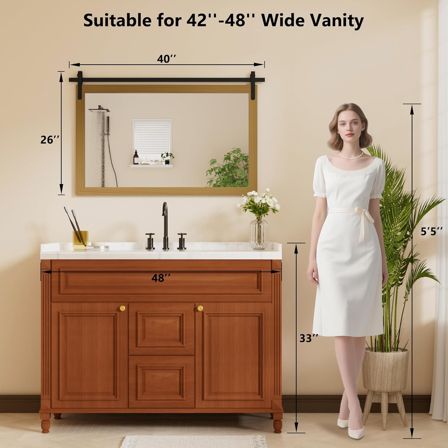 Large Brown Bathroom Mirror, Farmhouse Horizontal Rustic Square Mirror for Wall Wood Framed Vanity Mirrors, Barn Door Style Decor Living Room Entryway Bedroom Mirrors, 40x26INCH