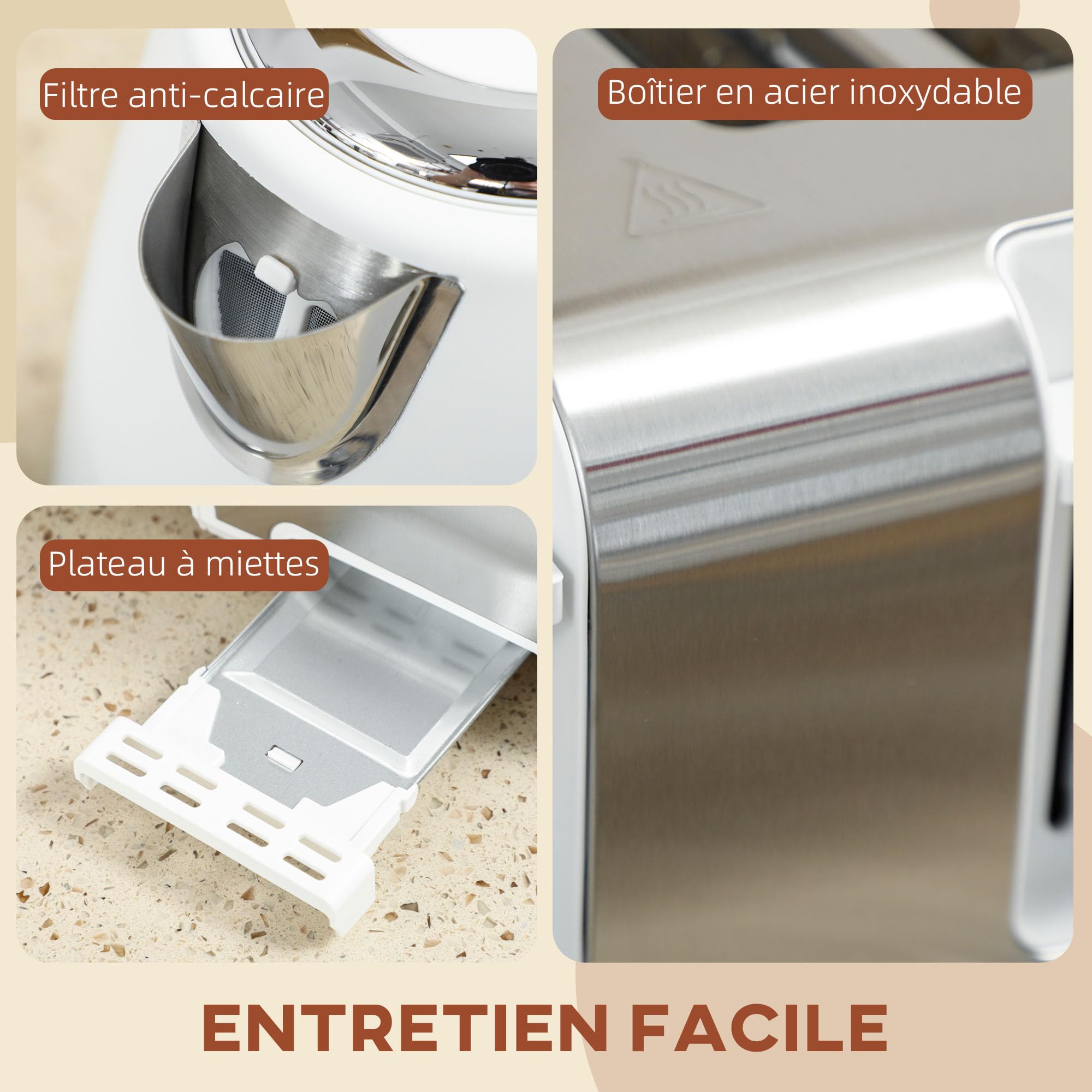 HOMCOM Ensemble bouilloire et grille-pain en inox 2200 W 1,7 L avec grille-pain 4 tranches, chauffage rapide, 7 niveaux de brunissage, thermostat Strix, filtre anti-calcaire, plateau à miettes, blanc