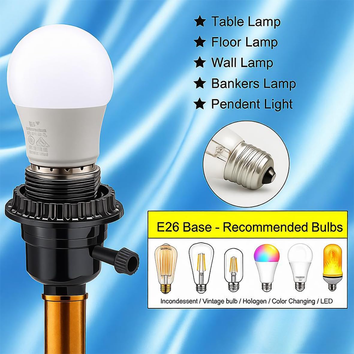 Threaded Lamp Socket Replacement, E26 Socket ON/Off Switch & Shade Ring, Screw-in Base for Table Lamps, Floor Lamps, Fixture Parts Repair- 1-Pack Black