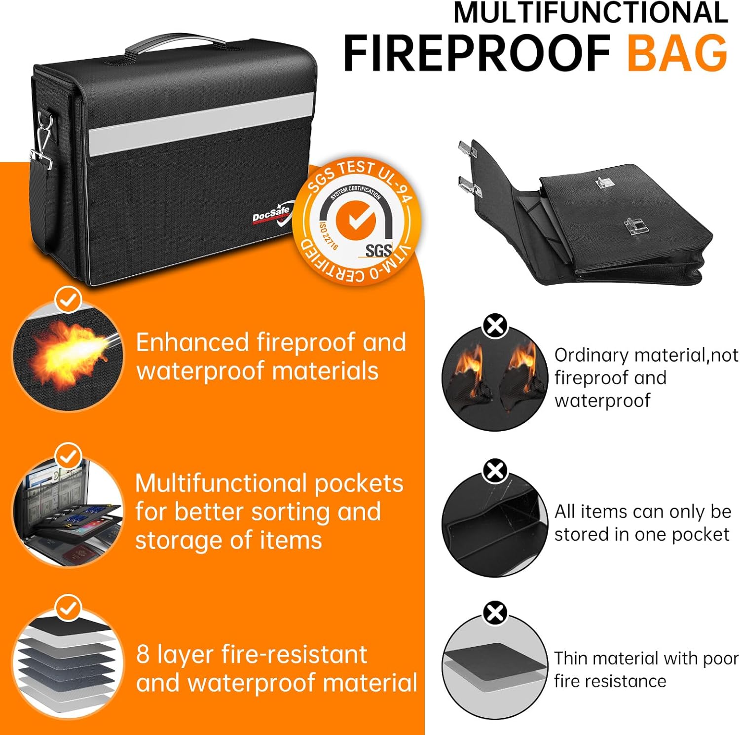 DocSafe Fireproof Document Bag with Multiple Pockets,5200°F Large (17”x12.5”x7.2”) File Organizer Fireproof Waterproof Bag Important Document Holder Home Office Portable Filing Storage for Valuables