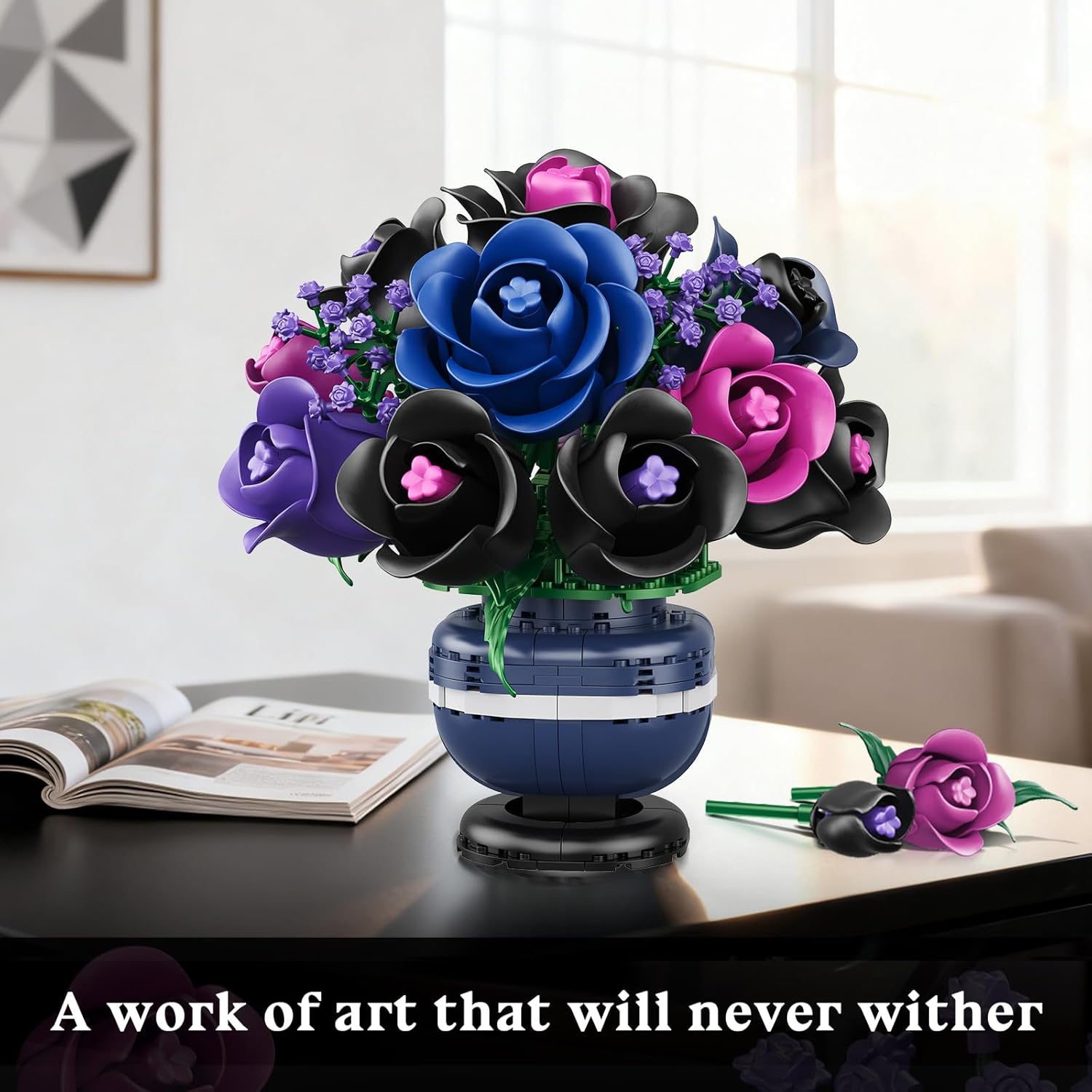 Flowers Botanicals Building Set - Artificial Purple Black Rose Bonsai Plant for Home Decor, 507PCS Artificial Flowers Building Set Indoor Gothic Decoration, Valentine Birthday Gifts for Adults - Image 3