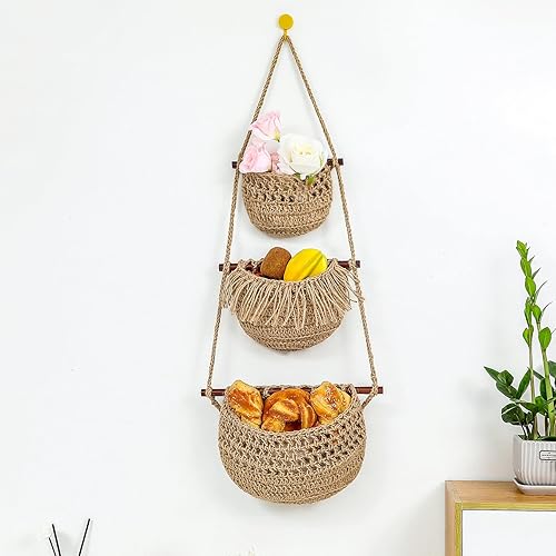 Miniatura 8 de OMERAI Cestas de frutas colgantes para cocina de 3 niveles hechas a mano de yute para colgar en la pared, cesta de frutas y cebollas, cestas