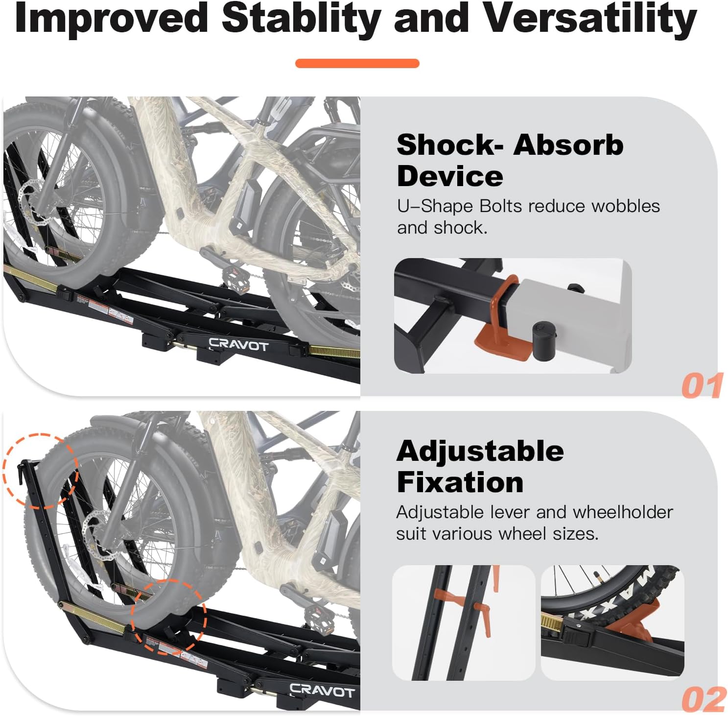 CRAVOT 2 Ebike Rack, Electric Bike Carrier, Tire Clamp E-Bike Rack Haul Ebikes with 2 Arms Lock, 200lbs Capacity Fits Max 5" Tire Bicycle, for Car, SUV, Van with 2" Receiver, MagRack X2 MAX