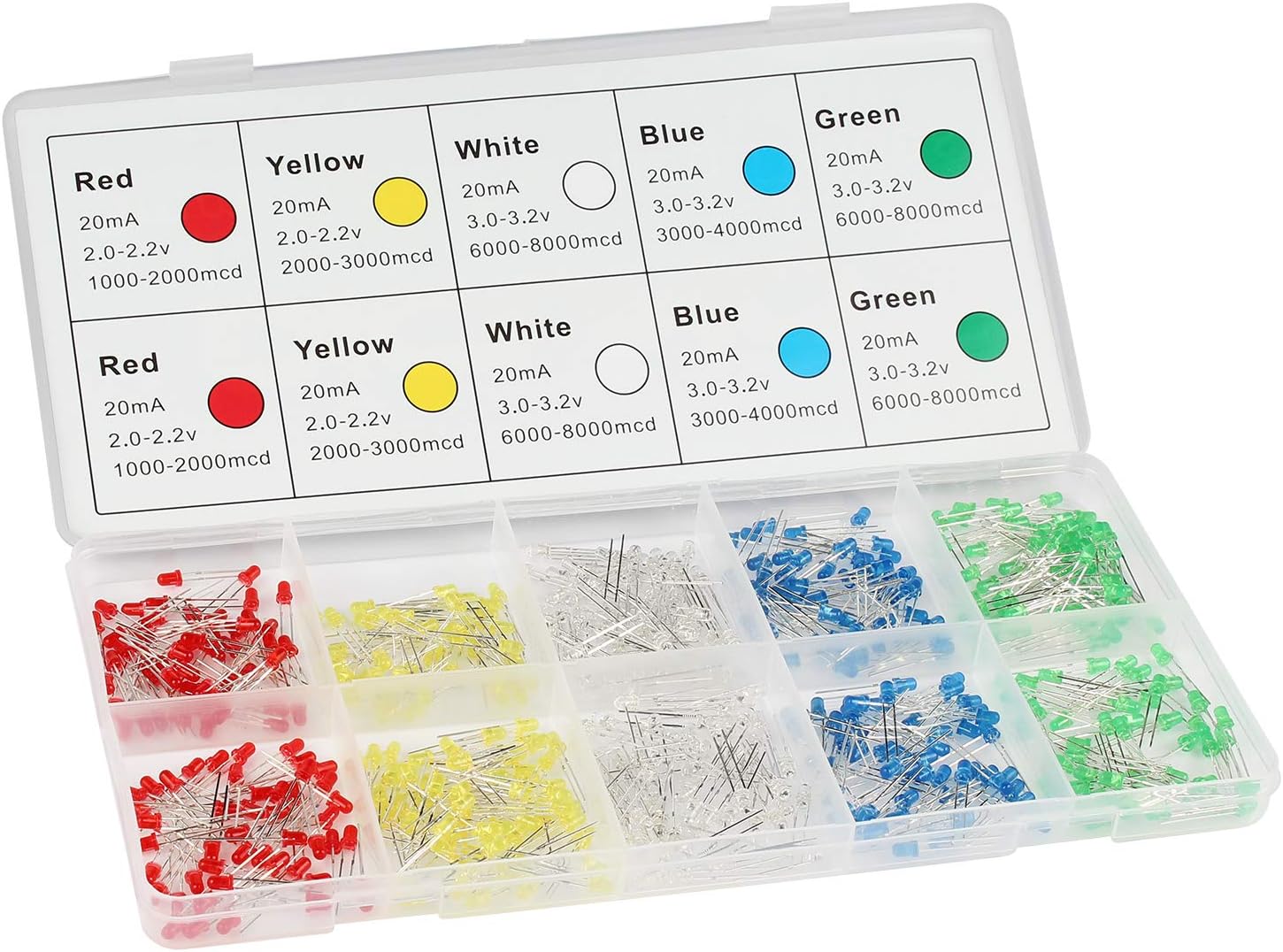 DiCUNO 500Pcs (5 Colors x 100P) 3MM Light Emitting Diode, White/Red/Yellow/Green/Blue Bright Diffused LED Diodes Assorted Kit for Electronic Project, Science Experiments