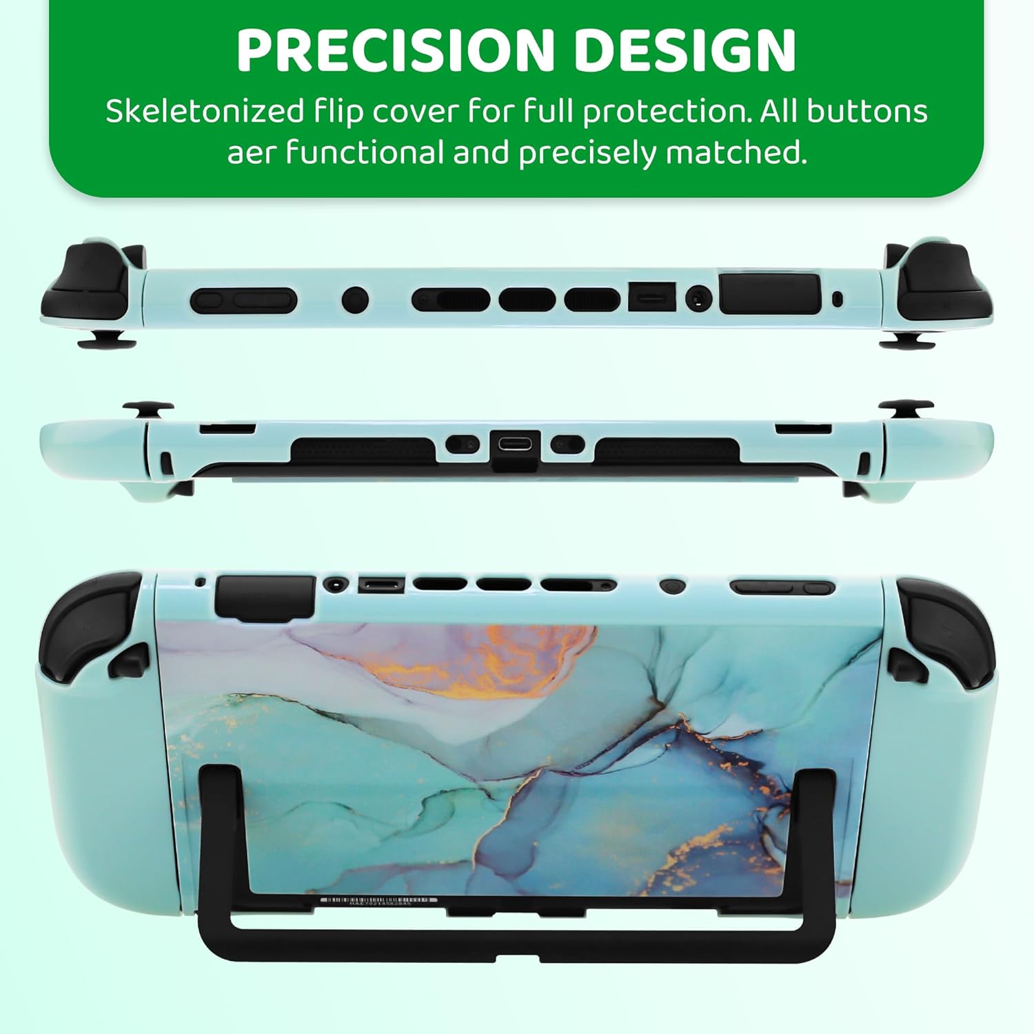 FANPL Cute Case Bundle for Nintendo Switch 2 Accessories, Travel Carrying Cover for Switch 2 with Hard Glitter Skin, Adjustable Strap, Screen Protector, Thumb Grip Caps (Green Marble)