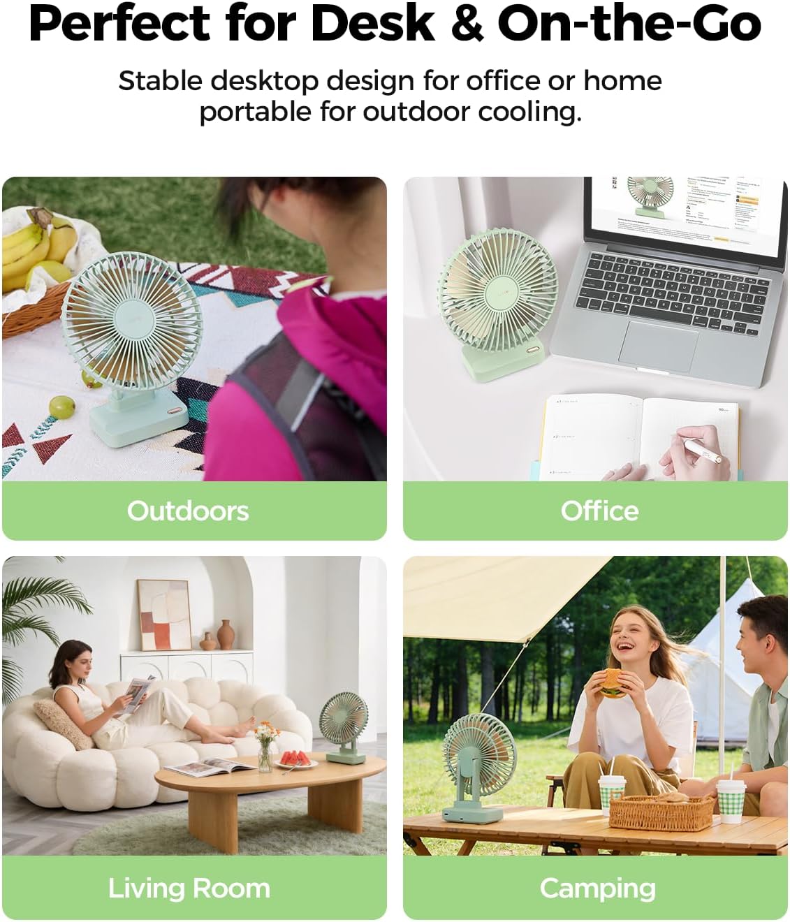Funme Desk Fan, Small But Powerful, 10000mAh Personal Portable 3 Speeds, 29H Max Cooling Time, Adjustable Mini Table Desktop fan for Cooling Home Office Bedroom Summer Travel, Green Flagship Model