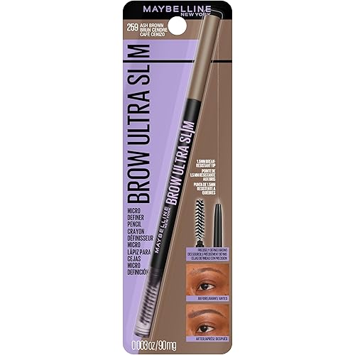 Maybelline Express Brow Ultra Slim Eyebrow Makeup, Brow Pencil with Precision Tip and Spoolie for Defined Eyebrows, Ash Brown (Packaging May Vary)