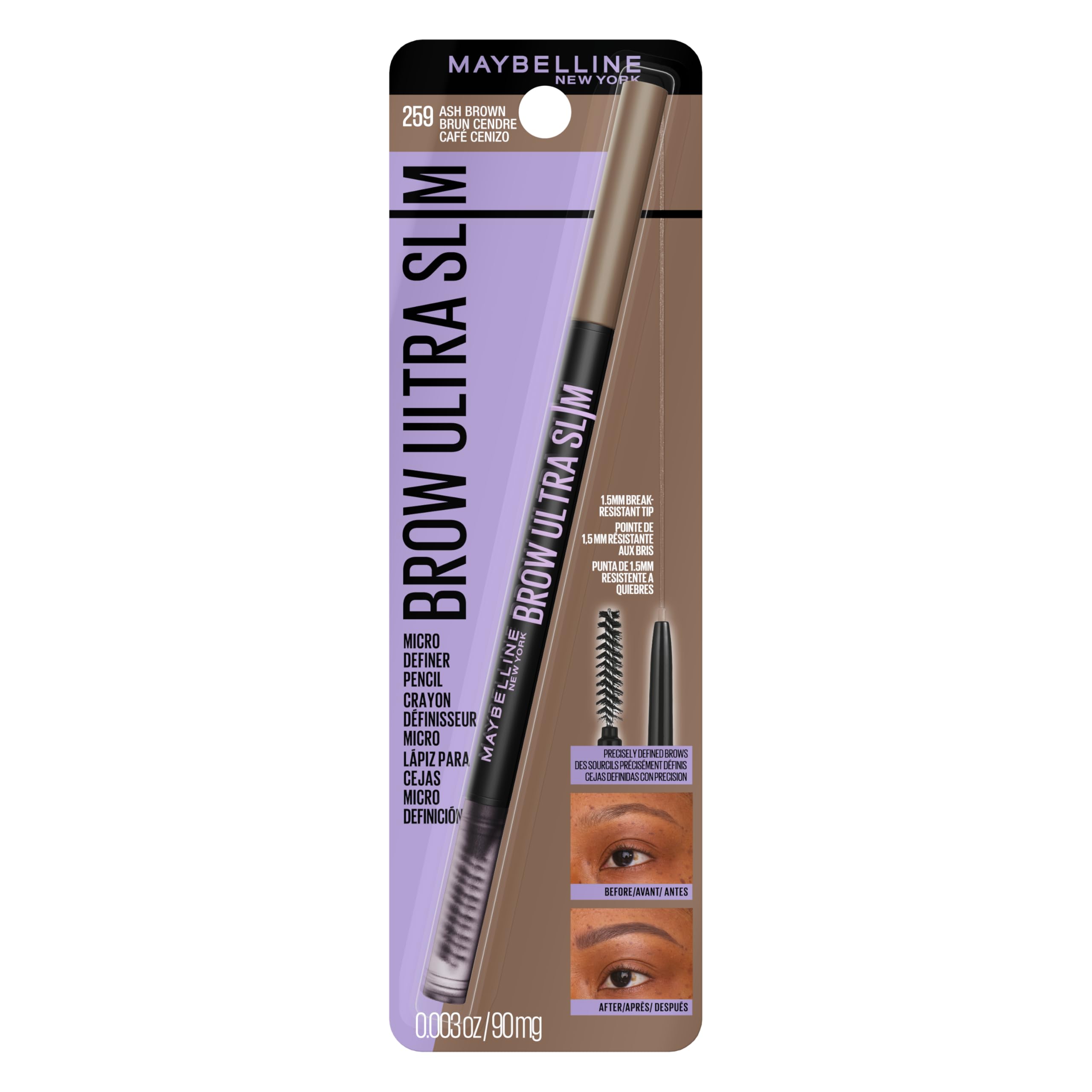 Express Brow Ultra Slim Eyebrow Makeup, Brow Pencil with Precision Tip and Spoolie for Defined Eyebrows, Ash Brown (Packaging May Vary)