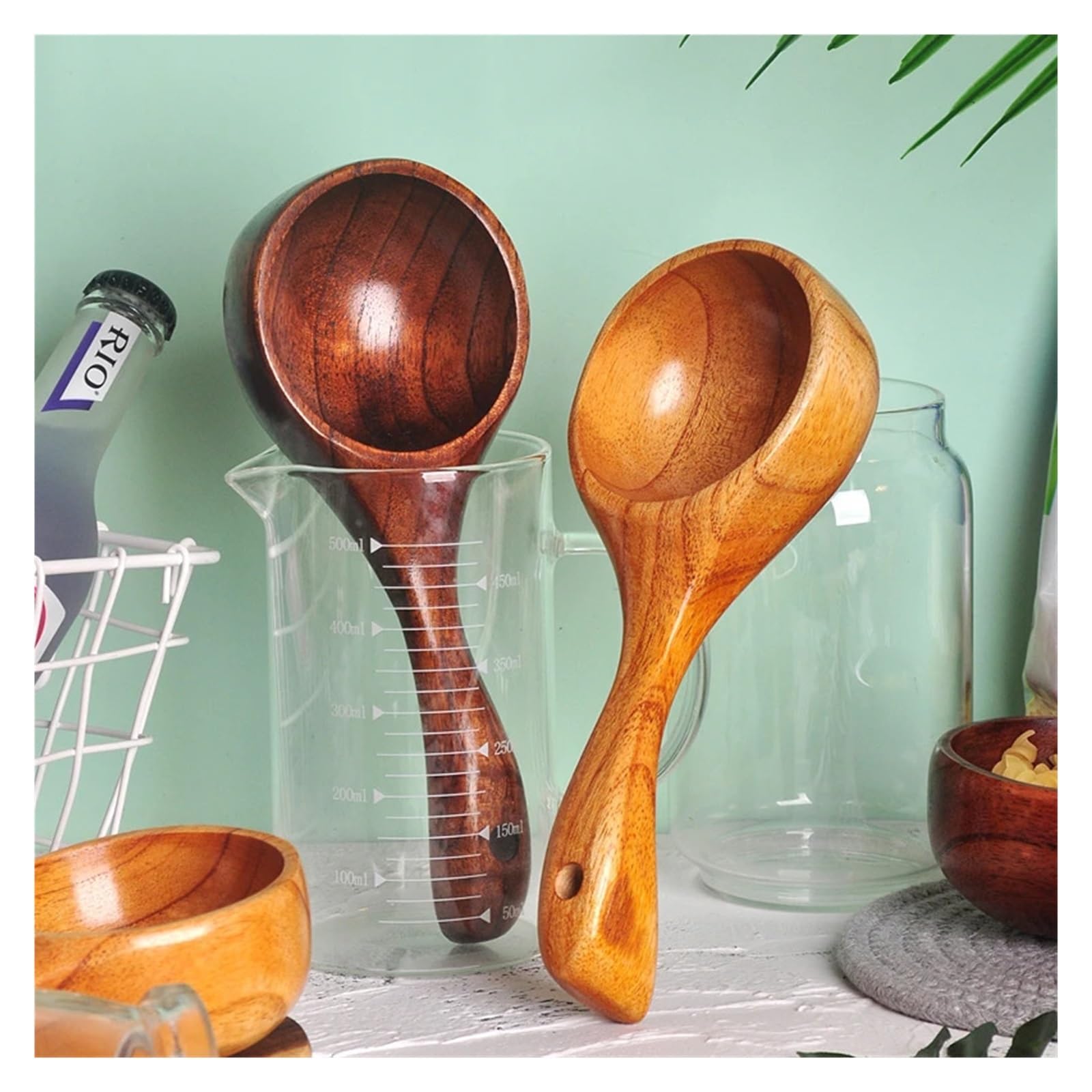 Lot de 2 cuillères à ramen en bois, style japonais, louche à soupe à manche court, accessoires de cuisine pour bouillon et cuillère à eau