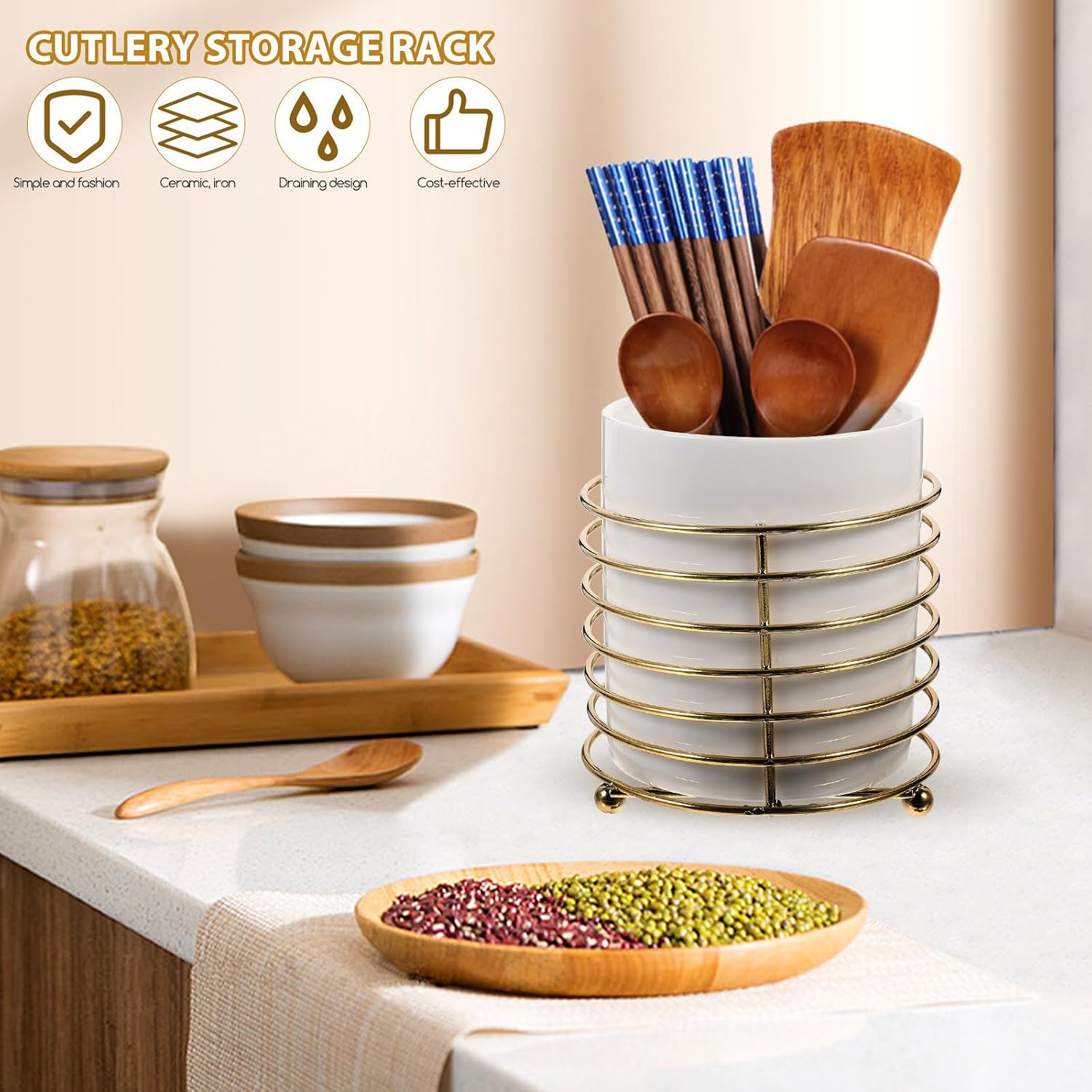 Sosoport Ceramic Chopstick Holder and Spoon Organizer with Iron Rack, Space-saving Utensil Crock for Kitchen and Dining Table, Simple and Modern Design for Housewarming