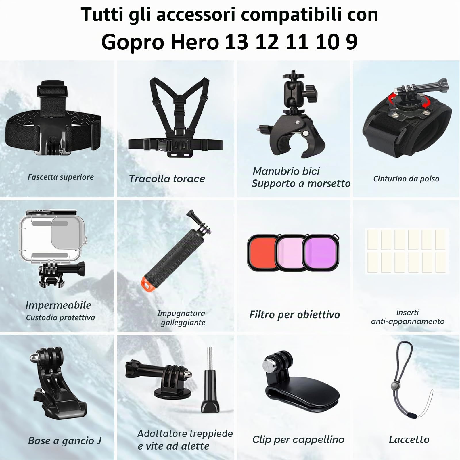 Kit di accessori per Gopro Hero 13 12 11 10 9, custodia impermeabile maniglia galleggiante cintura da polso testa torace morsetto per fotocamera diving filtro inserti antiappannamento