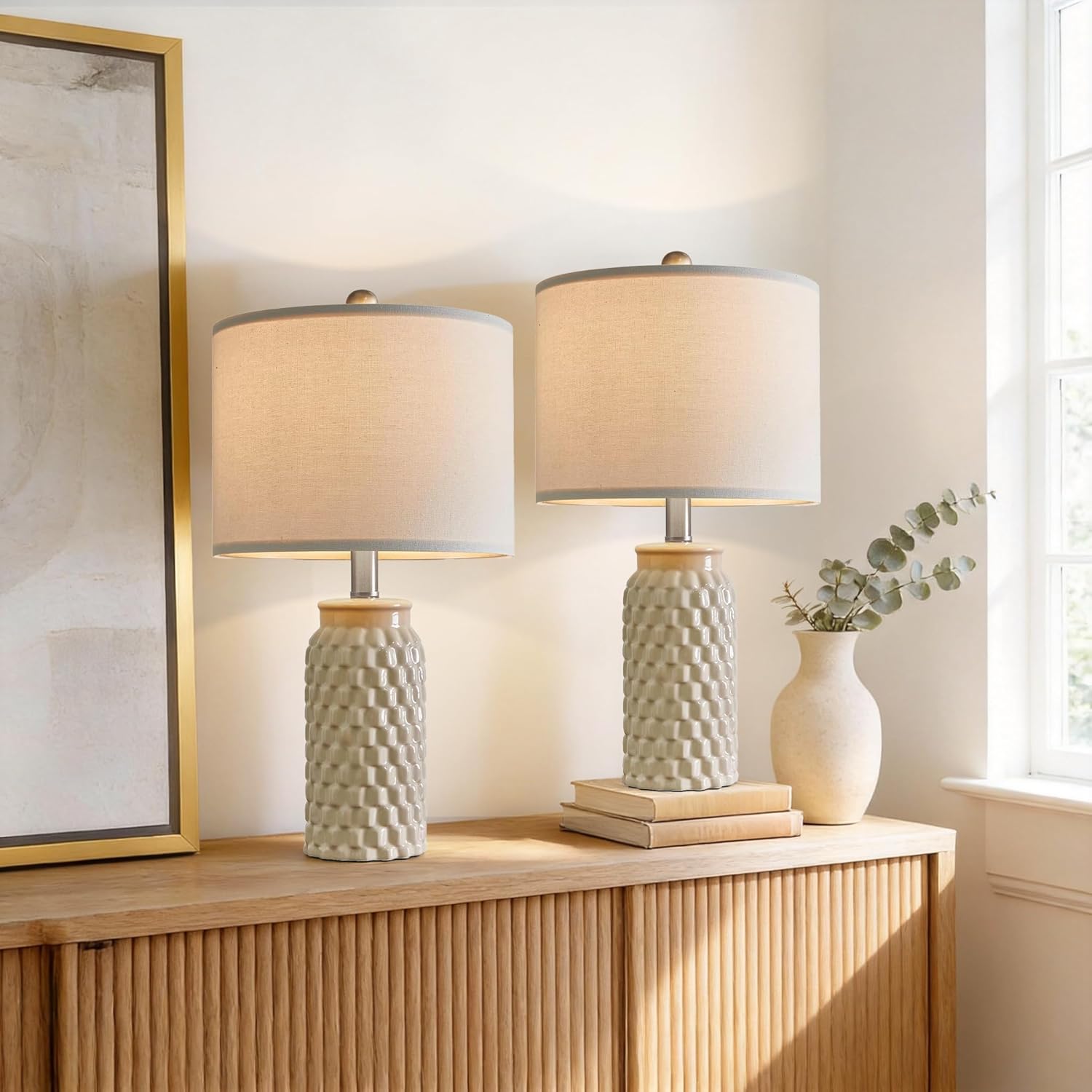 20.5" Ceramic Table Lamps Set of 2 - Modern Farmhouse & Boho Style, Bedside Nightstand Lamps for Bedroom, Living Room End Table Lamps, Small Desk Lamp(Cream)