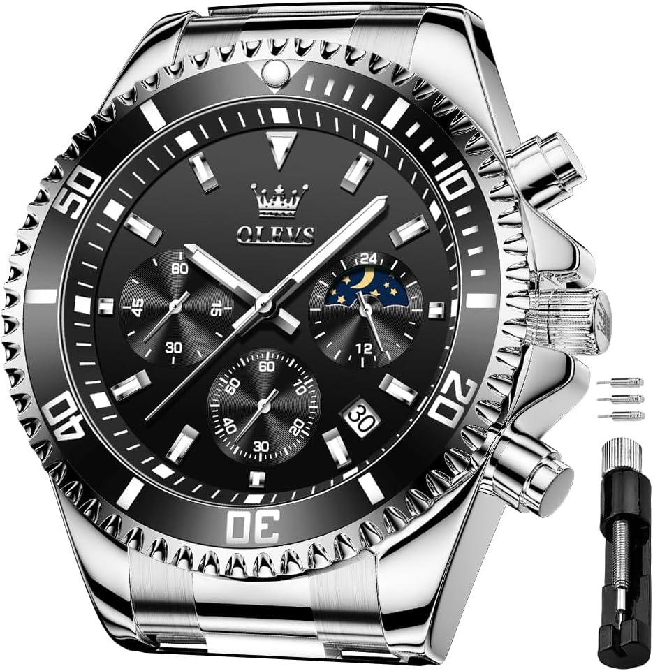 OLEVS Men's Waterproof Watches Stainless Steel Waterproof Chronograph Wrist Watches Luxury Dress White Luminous Big Face Analog Quartz Male Watches