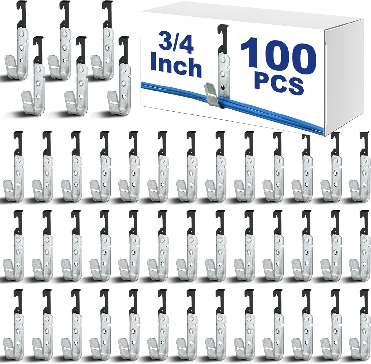 Zonon 100 pcs Metal J Hooks Cable Support J Hook Hangers with Bat Wing Heavy Duty G60 Galvanized Steel Cable for Hanging Attaching Ceiling Wire Threaded Rod(3/4 Inch)