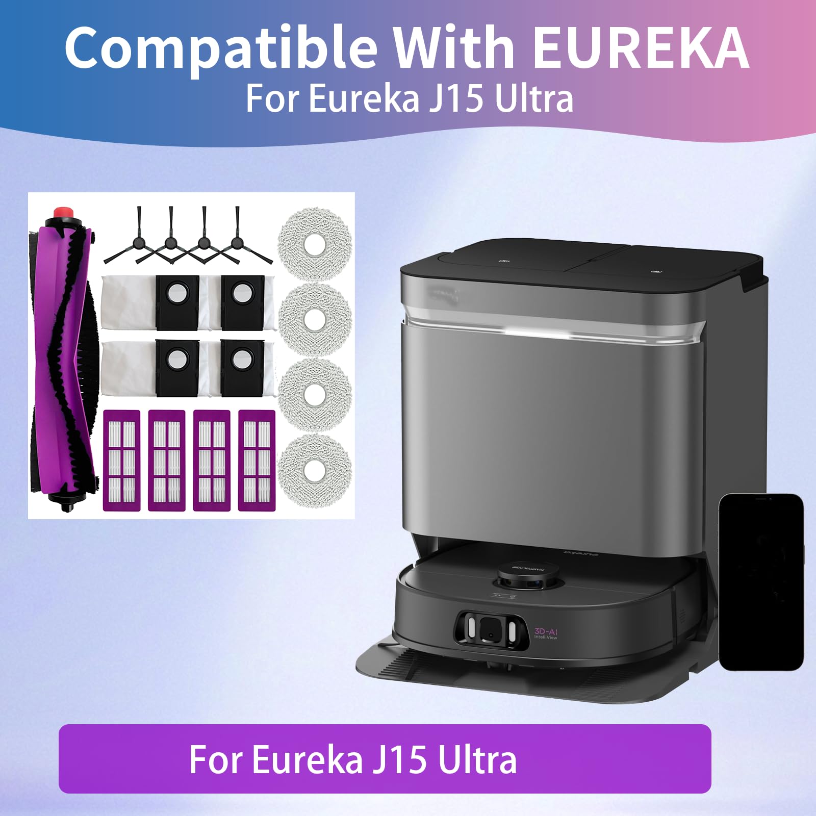 Dxyue 17Pcs Replacement Part Compatible with Eureka J15 Ultra Self Emptying Robot Vacuum, 1 Main Brush 4 Dust Bags 4 Rags 4 Filters 4 Side Brushes