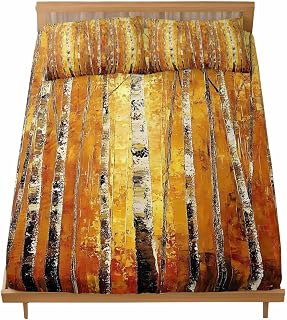 Twin Bed Fitted Sheets Autumn Orange Forest Tree Bed Set with 16" Deep Pocket,Soft Microfiber Bedding Bottom Sheet with Decorative Pillowcases Watercolor Oil Painting Art