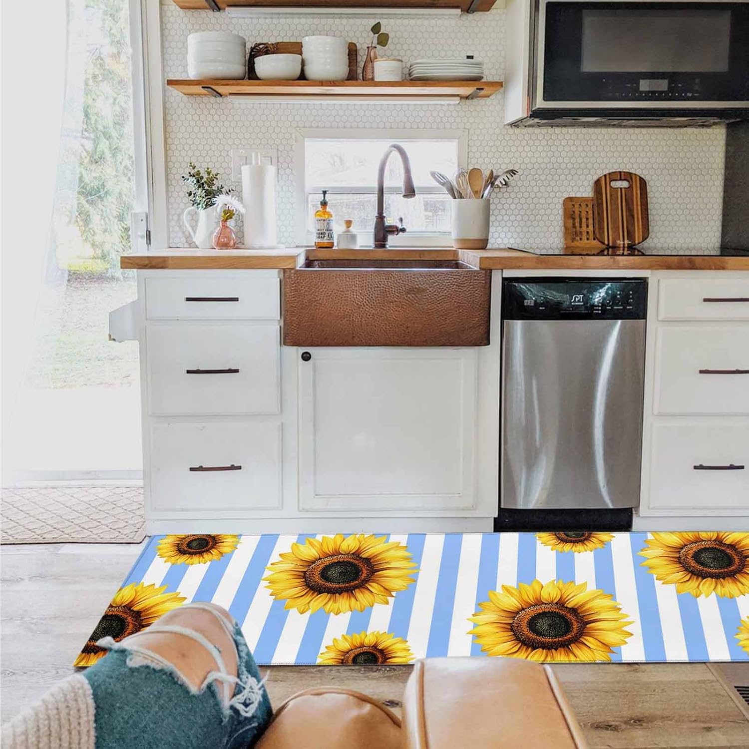 2 Pieces Kitchen Rugs and Mats,Rustic Pastoral Sunflower Area Runner Rug Set Non Slip Floor Doormat Washable Carpet Standing Mat for Kitchen Sink Indoor Corridor,Minimalist Blue White Line