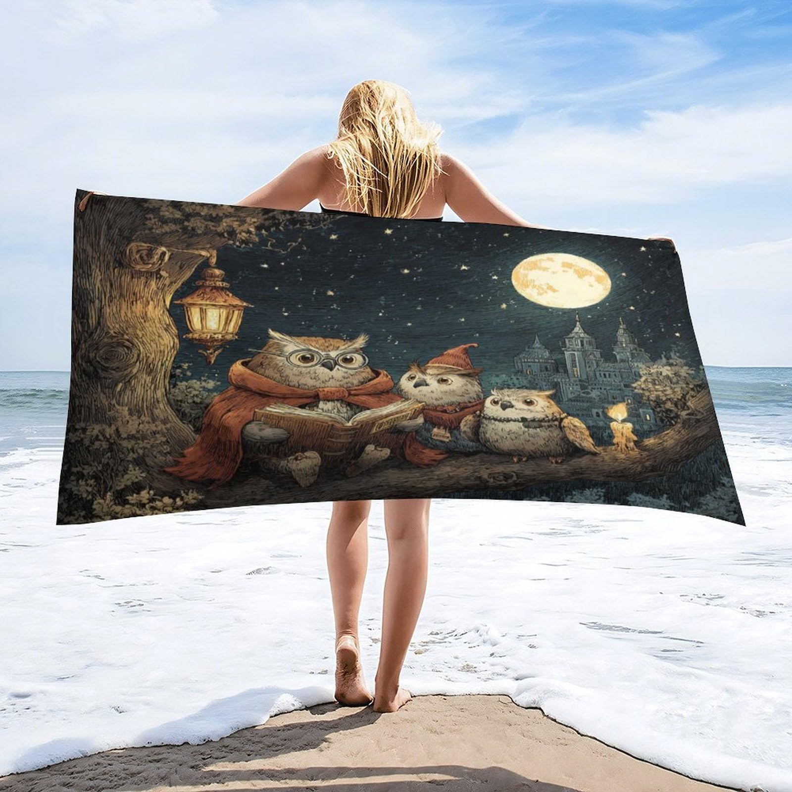 Luyysky Vintage Watercolor Cute Owl Absorbent Beach Towel, Retro Classic Full Moon Starry Sky Galaxy Castle Animal Owls Outdoor Single-Sided Velvet Beach Towel-80 W Cm X 160" L Cm