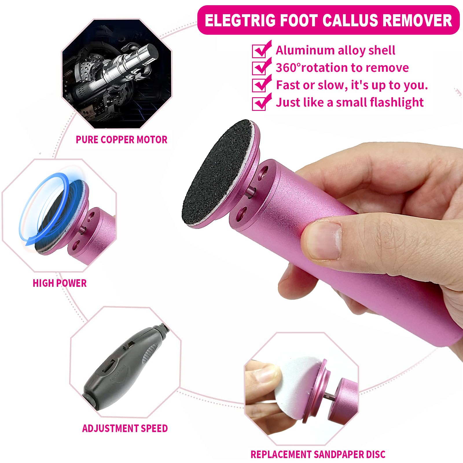 Removedor eléctrico de callos de pies, herramienta profesional de pedicura con 60 papeles de lijado, color rosa