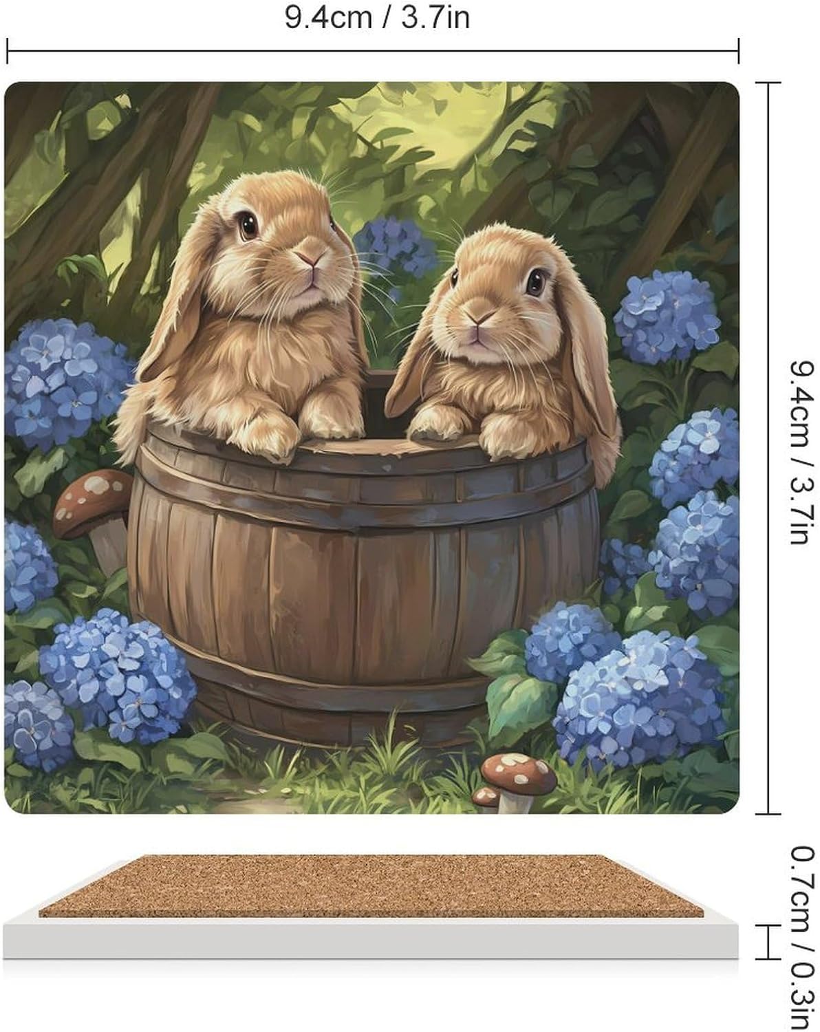 Cute Bunny Flowers Coasters for Drinks Square Ceramic Coasters Cup Mats with Cork Base