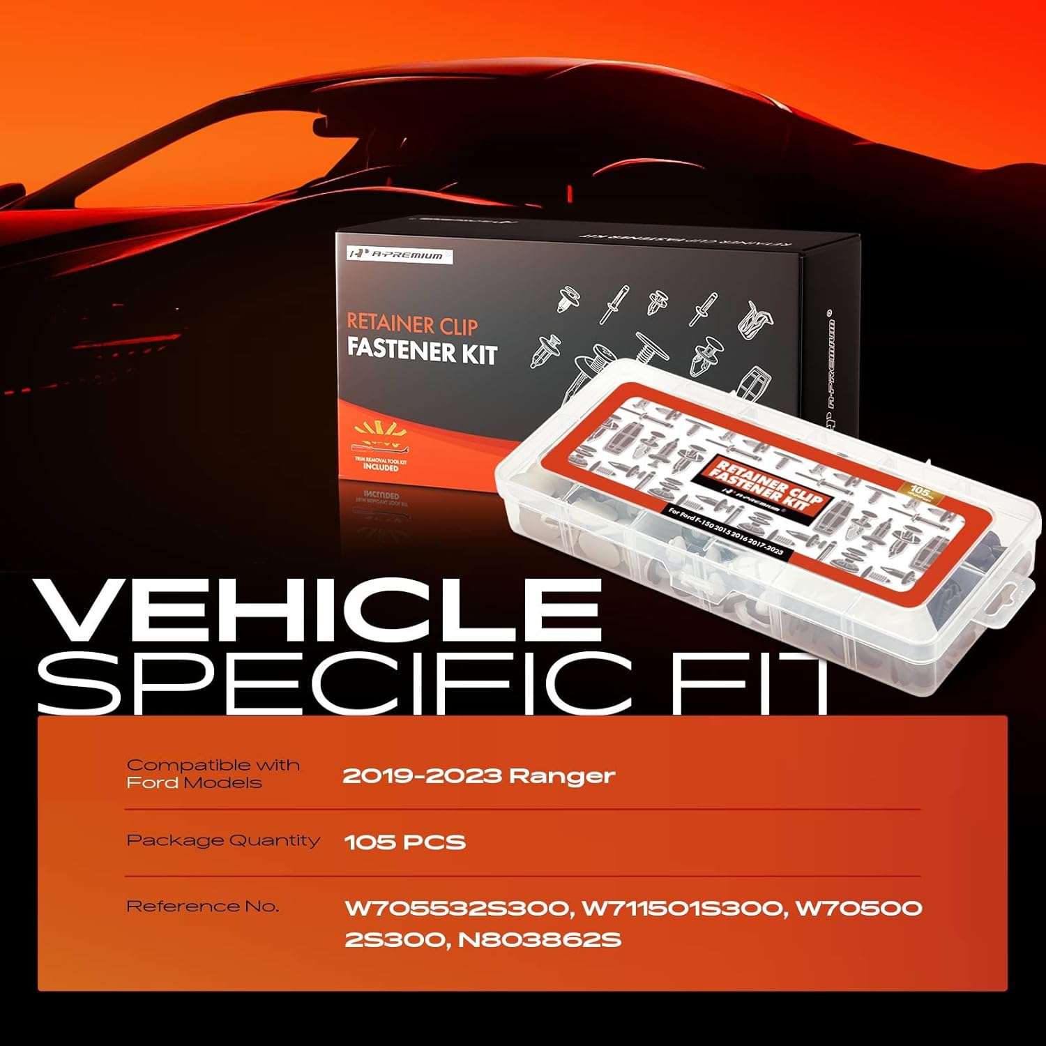 A-Premium 105 PCS Bumper Retainer Clips Plastic Rivets Push Retainer Kit 12 Sizes 25.12oz Fender Tailgate Trim Air Deflectors Clips Compatible with Ford Ranger 2019-2023, w/Removal Tool