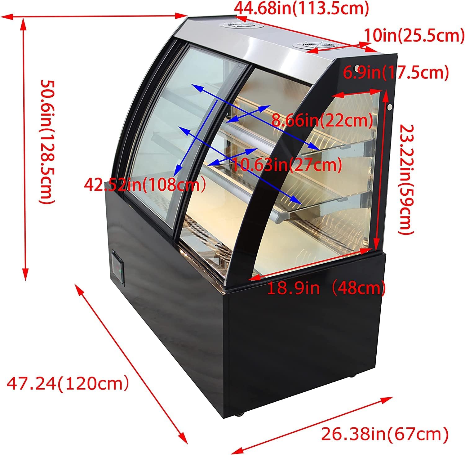 INTBUYING 220V 47inch Glass Refrigerated Cake Pie Showcase Bakery Display Case Cabinet Floor Arc-shaped Front Door