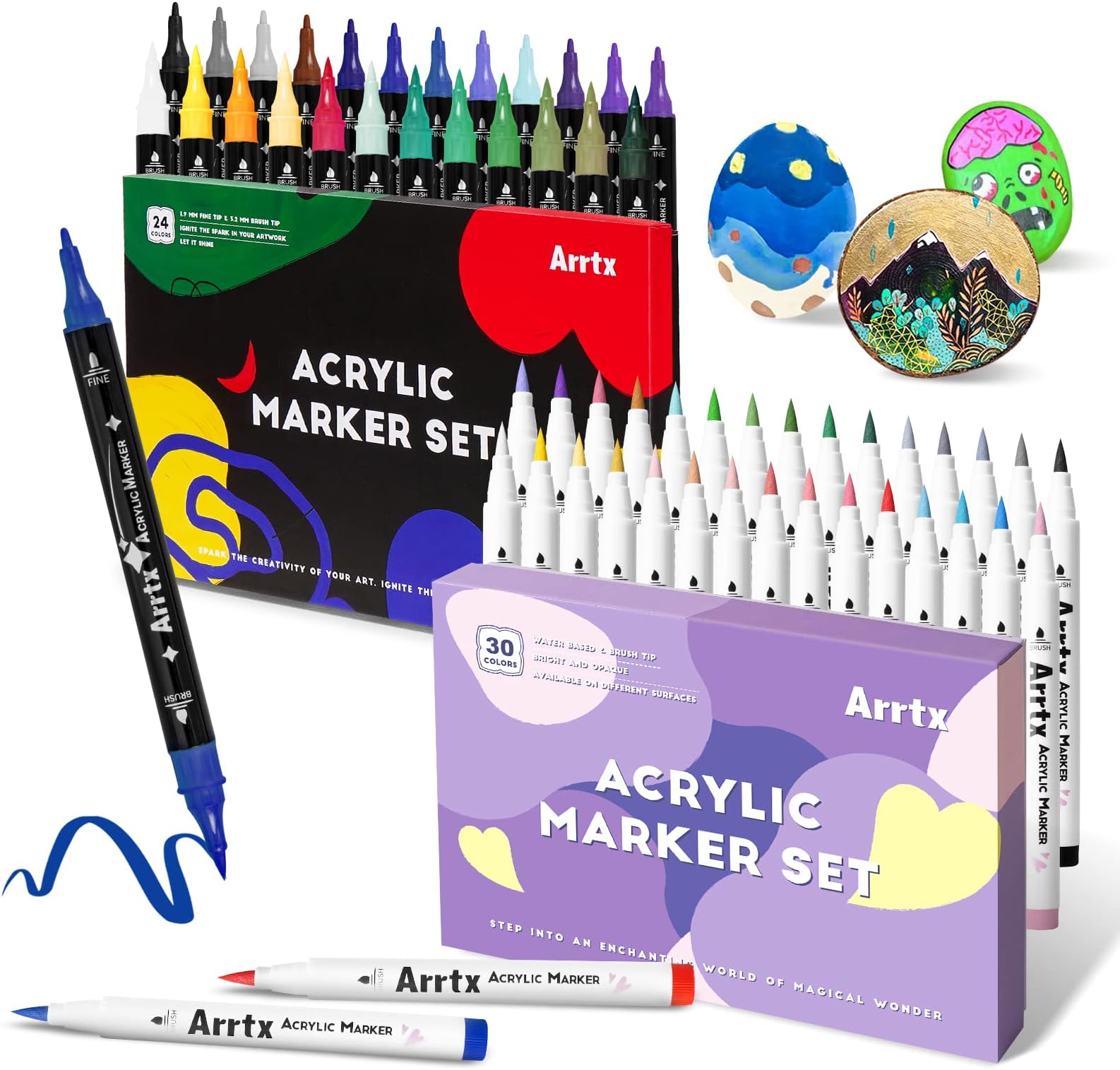 Arrtx Acrylic Paint Pens 54PCS, Dual Tip Paint Markers Fine Tip for Rock Painting, Water Based Acrylic Painting Supplies for Fabric Painting, Ceramic, Fabric, Canvas, Wood, Glass