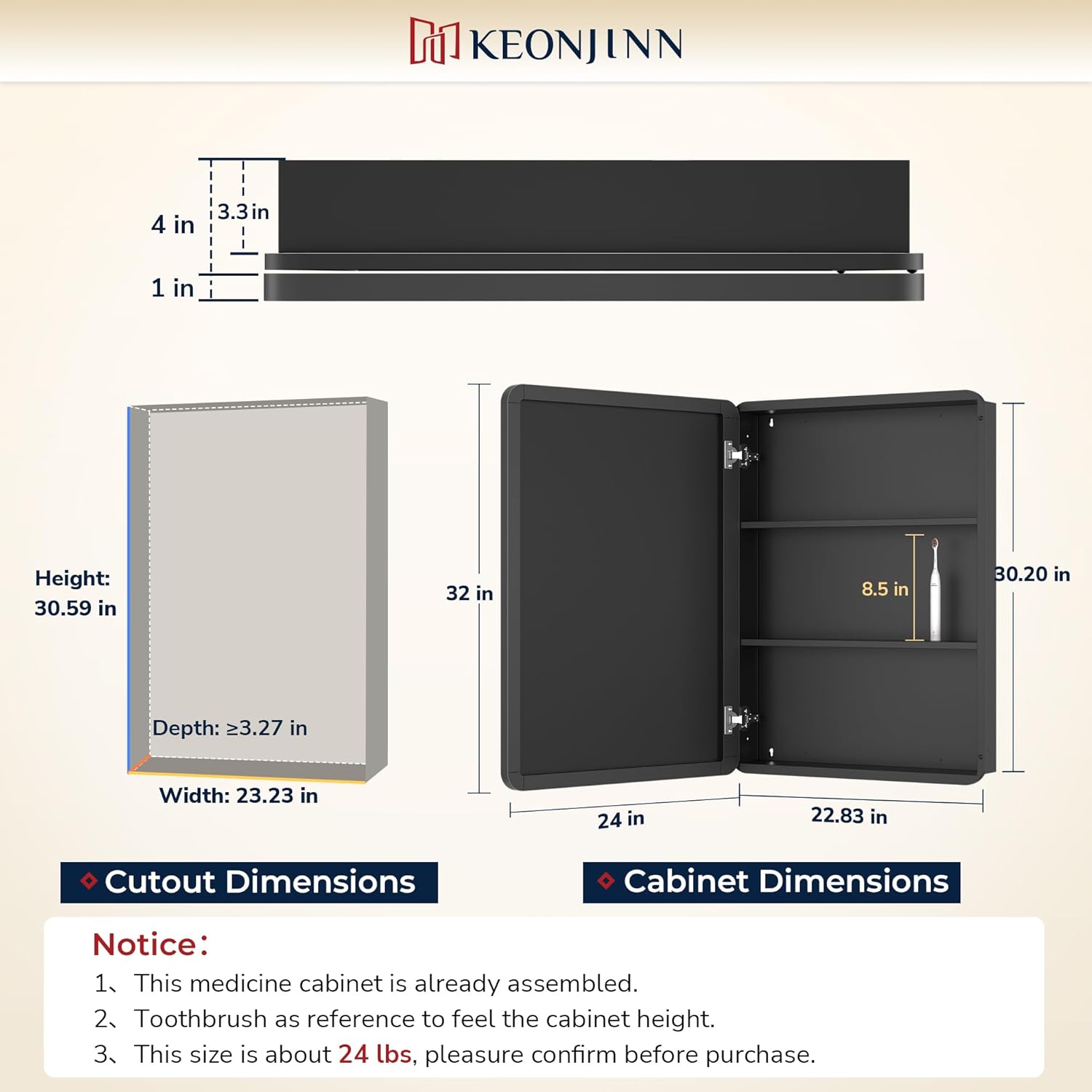 Keonjinn 24 x 32 Inch Black Recessed Medicine Cabinets, Bathroom Mirrored Medicine Cabinet, Black Stainless Steel Framed, Adjustable Shelves, in Wall or Surface Mount, Sturdy & Heavy, Farmhouse