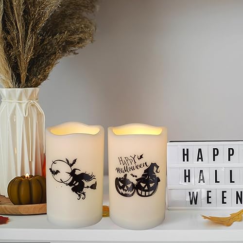 Miniatura 5 de Paquete de 2 velas LED de Halloween que funcionan con pilas, de 3 x 5 pulgadas, diseño de bruja de calabaza, velas parpadeantes sin llama de