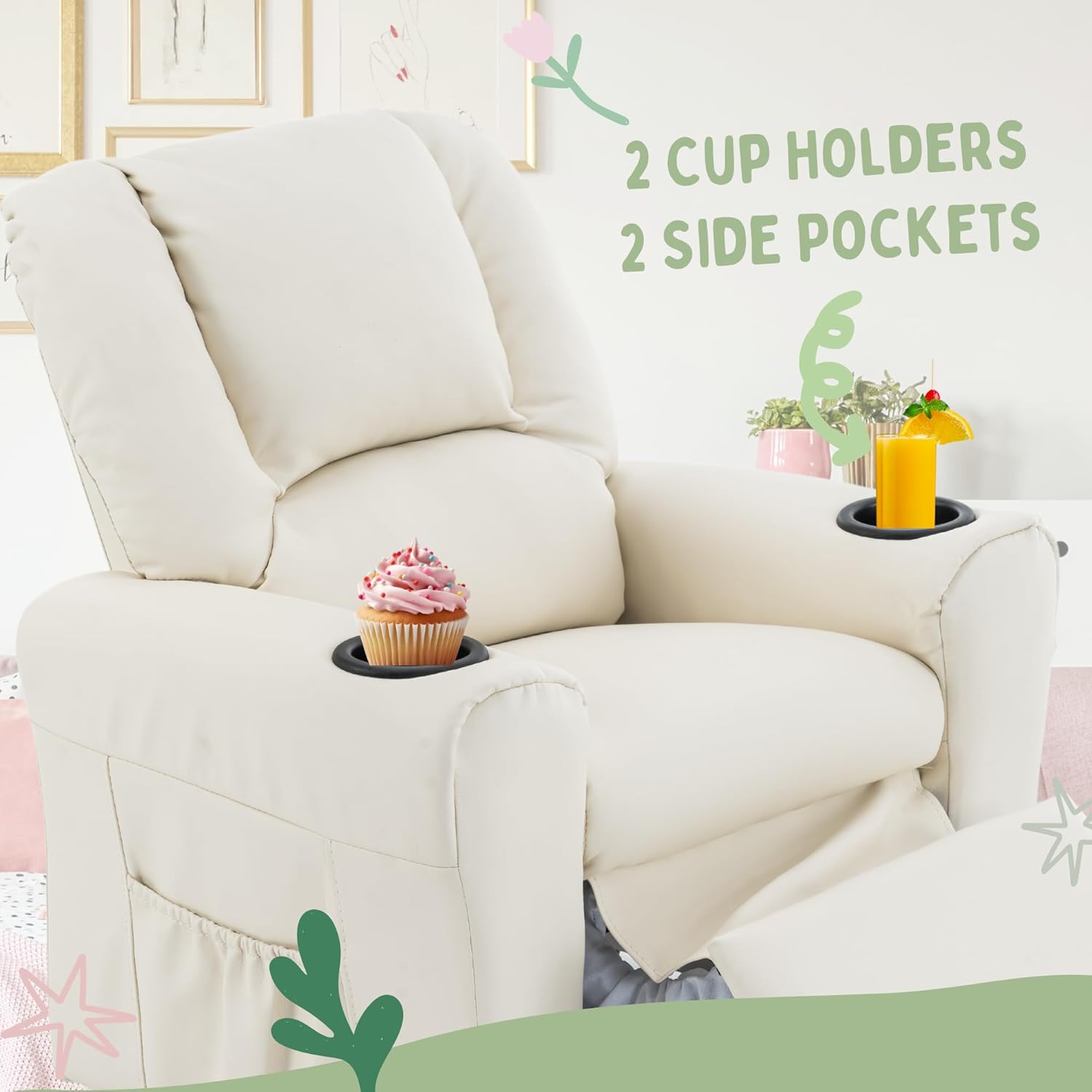 JC HOME Candy Kids Reclining Chair Leather Recliner Sofa Push Back Toddler Youth Children Child Ages 1-6 Cloud White image 5 of 8 B0F5HF1JW9