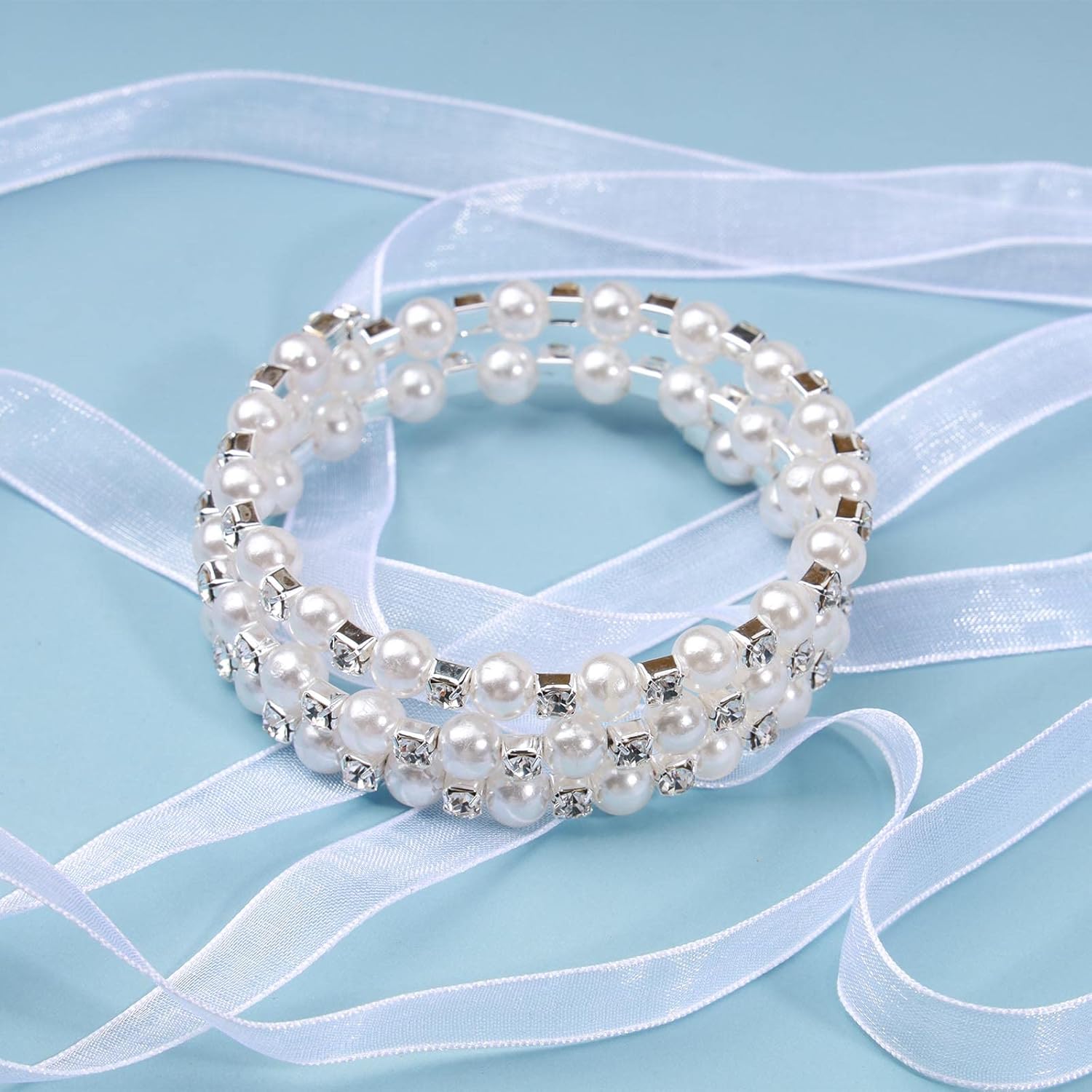 3-Strand Faux Pearl Stretch Bracelet Open Cuff Imitation Pearl Bangle Multilayer Crystal Winding Spiral Bracelet Wedding Bridal Jewellery for Women - Image 4