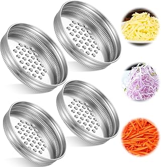 4Pcs Mason Jar Grater Lid, Reusable Mason Jar Shaker Lids Stainless Steel Cheese Grater Lid 2 Size Wide and Narrow Mouth Mason Jar Spout Lid Kitchen Cutter for Vegetable Potato Carrot