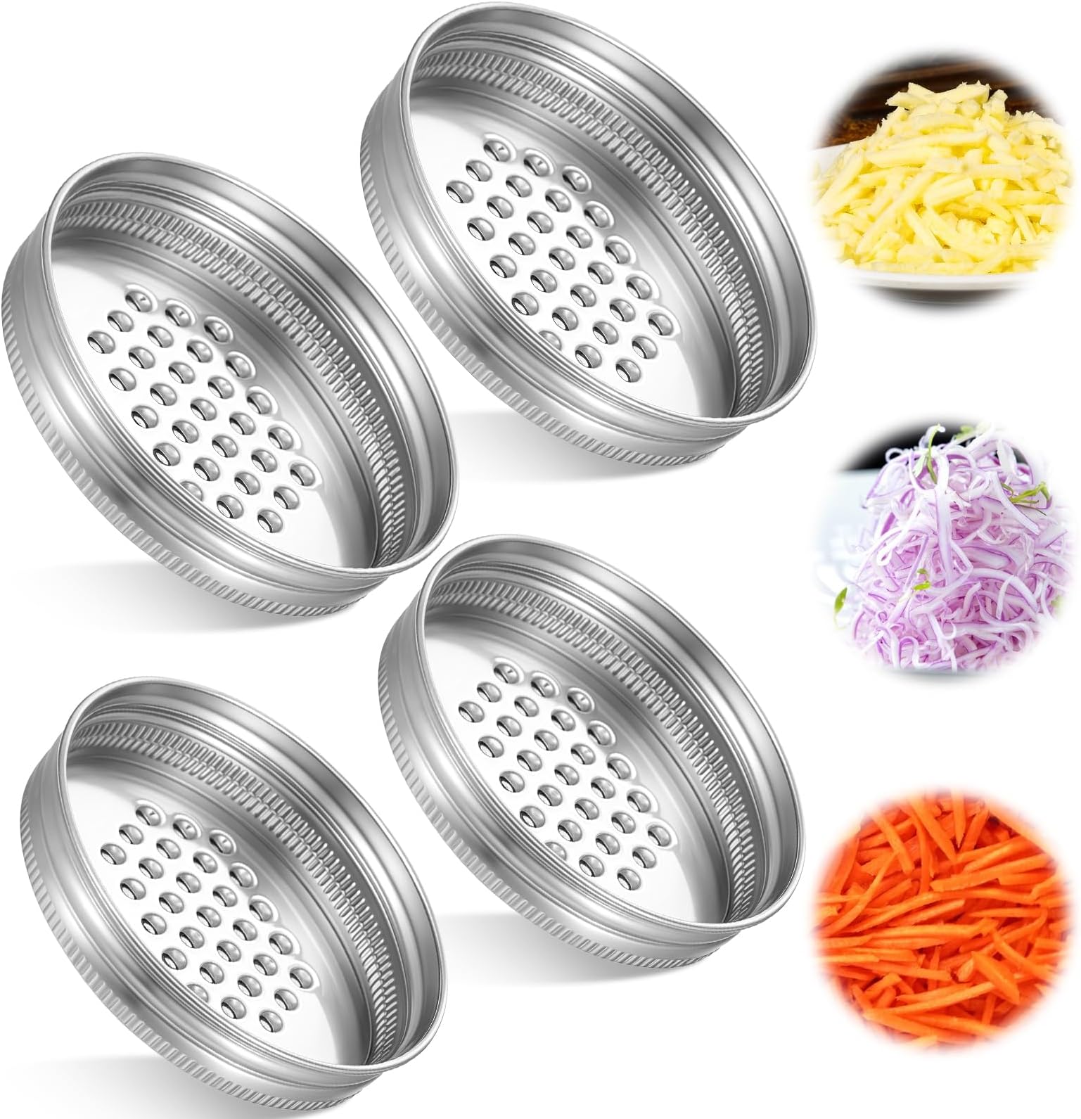 4Pcs Mason Jar Grater Lid, Reusable Mason Jar Shaker Lids Stainless Steel Cheese Grater Lid 2 Size Wide and Narrow Mouth Mason Jar Spout Lid Kitchen Cutter for Vegetable Potato Carrot