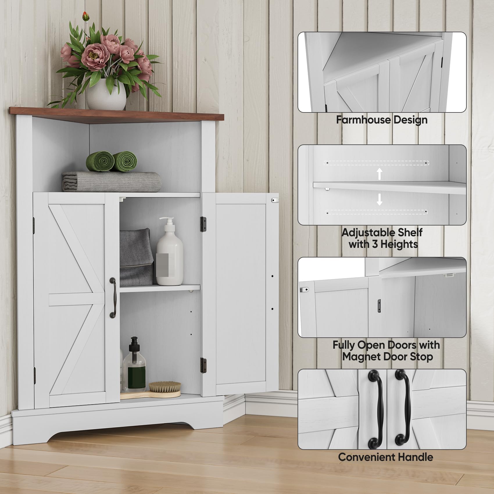 Badezimmer-Eckschrank, Bauernhaus-Boden-Eckschrank mit Türen und verstellbaren Regalen, freistehender Holzaufbewahrungsstall Schrank für Badezimmer, Küche, Wohnzimmer, Weiß