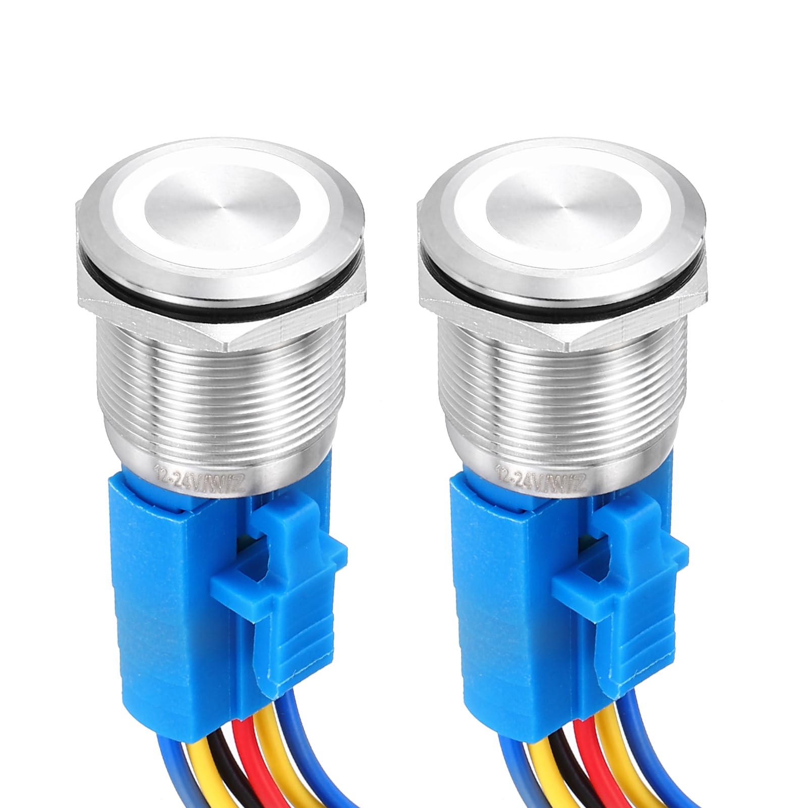 DMiotech 2 Pack 7/8 Inch Stainless Steel Latching Push Button Switch Flat Head 5A 12-24V Silver Shell 6 Pin with Cable Socket White Ring LED 1NO1NC for Car Boat Systems Custom Setups