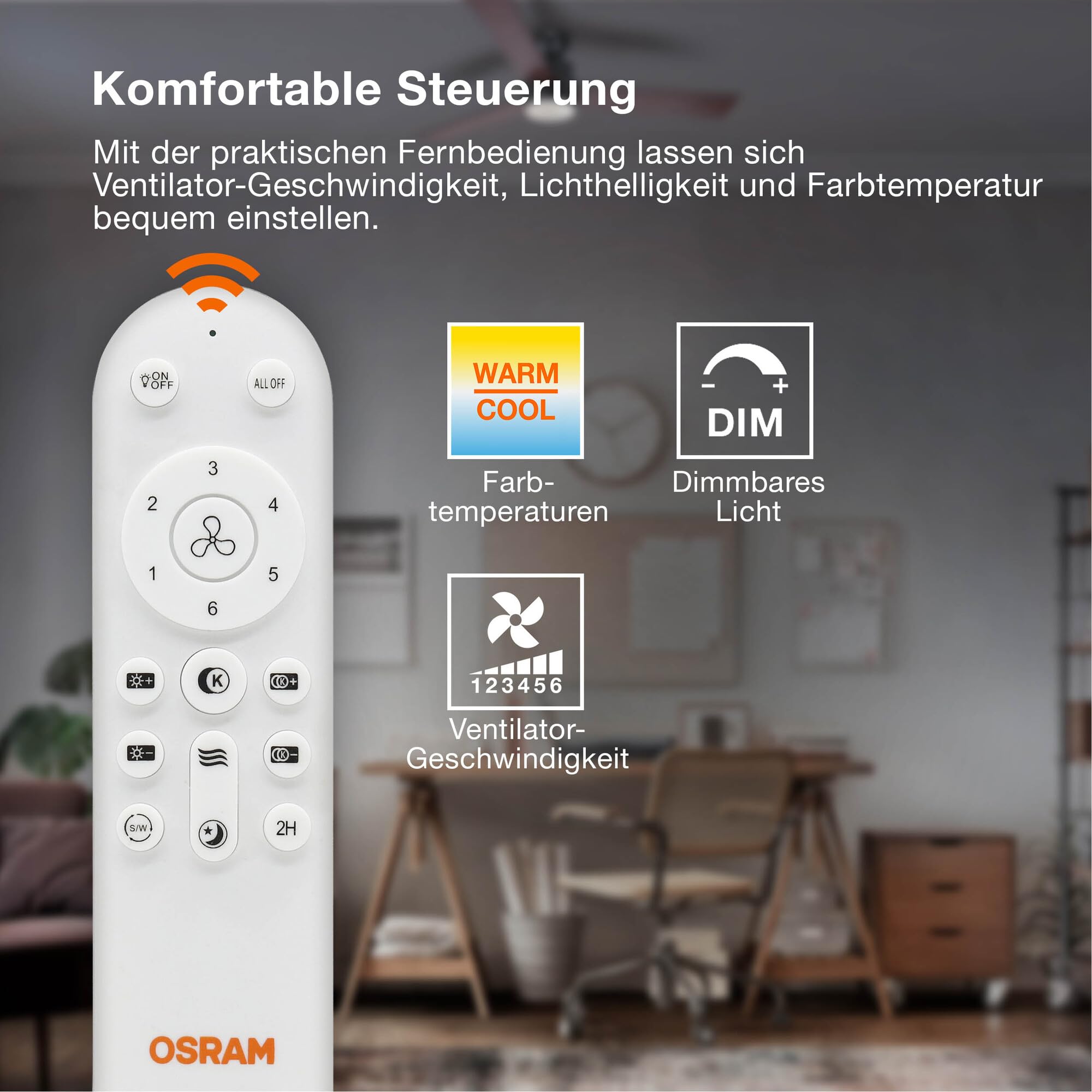 Osram LED-Deckenventilator Leste, Weiss, 21 W, 1.200 lm, 3000/4000/6500 K, 445 mm, 110 ° Abstrahlwinkel, 20.000 h Lebensdauer, IP20, dimmbar, Fernbedienung enthalten